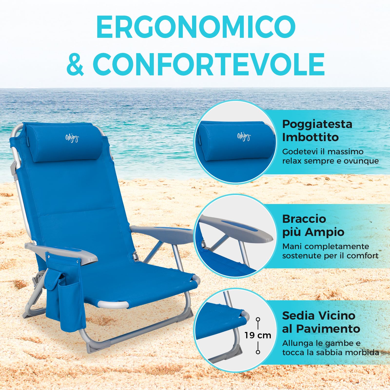 #WEJOY Sedia da Spiaggia Campeggio Pieghevole, Spiaggina Portatile con Tracolla, 4 Livelli Schienale Reclinabile Regolabile Sdraio con Basso Seduta, in Alluminio per Spiaggia Mare Campeggio