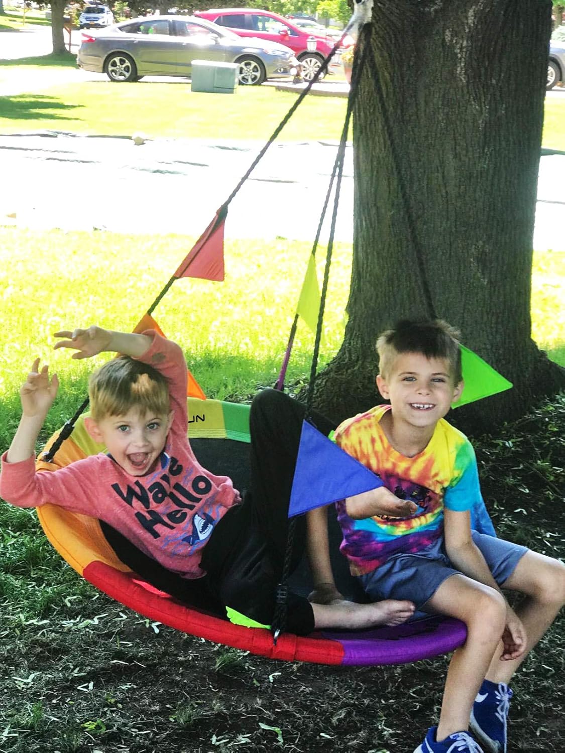 LANGXUN 40 Inch Rainbow Saucer Tree Swing for Kids and Adults, with Carabiners and Flags, 700 lb Weight Capacity, Steel Frame, Waterproof, Outdoor Swing Sets for Backyard