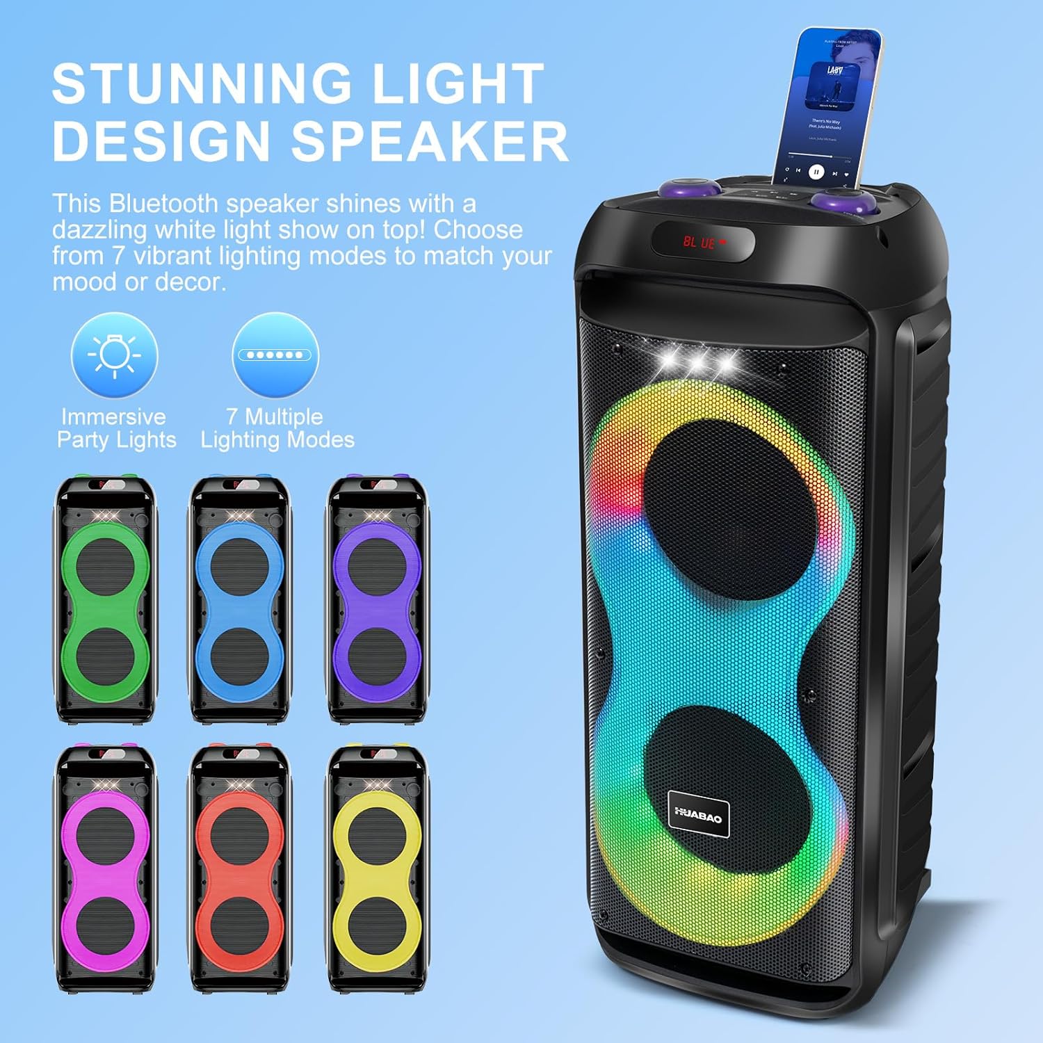 Bluetooth Karaoke Speaker with 2 Wireless Microphones – 40W Portable PA System with LED Lights, TWS Pairing, 6.5” Dual Woofers, Rolling Wheels, Rechargeable Battery - for Party/Home/Outdoor - Image 4
