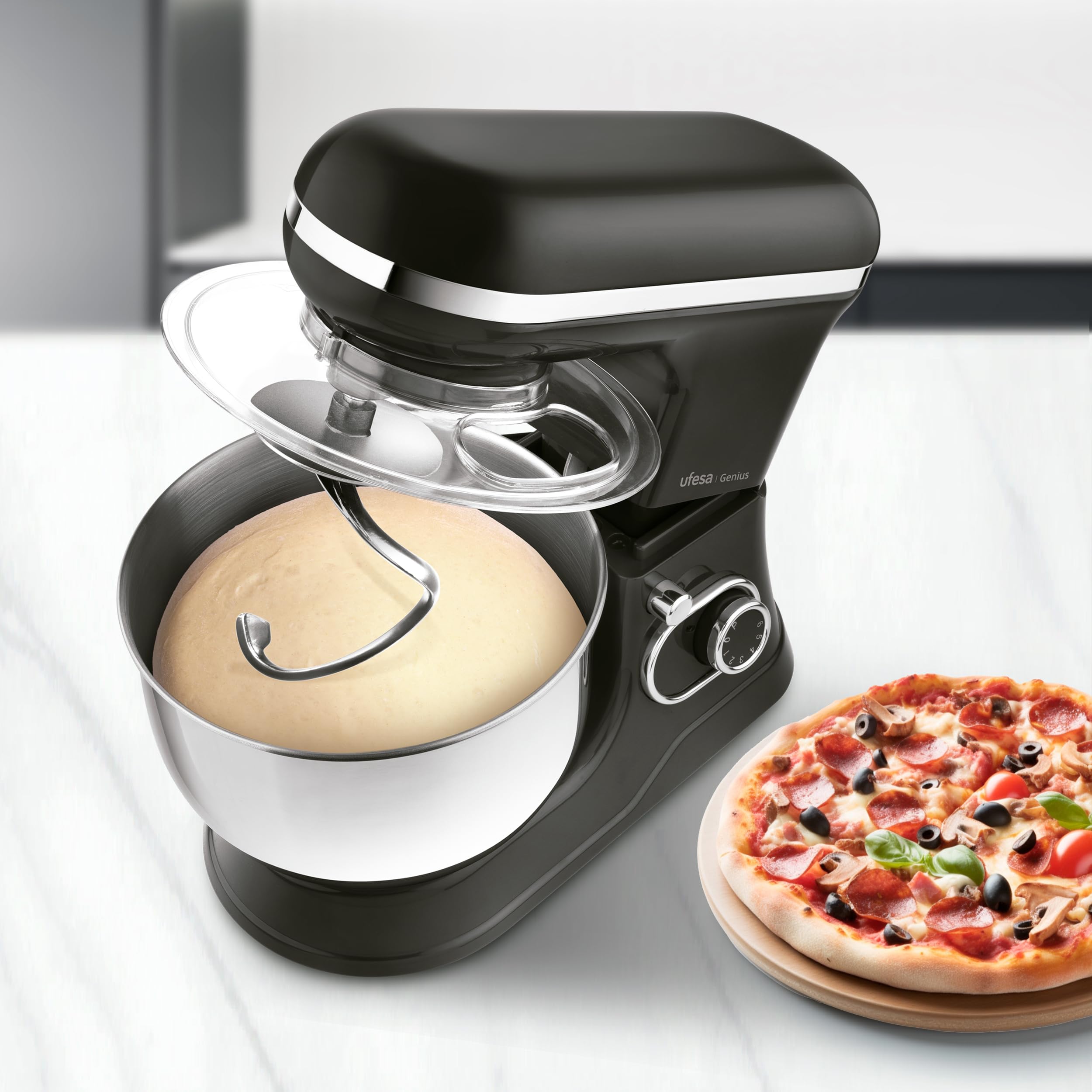 Ufesa Genius Robot Pâtissier 5 en 1 pour Pâtisserie Professionnelle, 1200W, 5L, Robot de Cuisine Multifonction, Bol en Acier Inoxydable, 6 Vitesses + Turbo, 3 Accessoires Inclus, Sans BPA