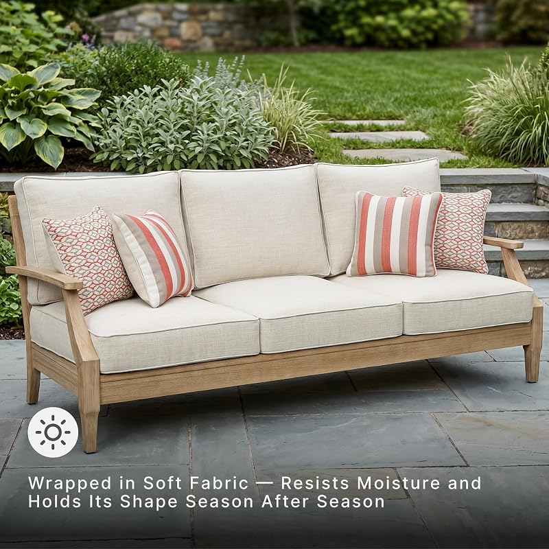 Signature Design by Ashley Clare View 1-Piece Eucalyptus Outdoor Sofa | Weather-shielded 5-step eucalyptus finish, Stain-resistant Nuvella fabric, Deep-seated 3-person frame with 4 accent pillows image 6