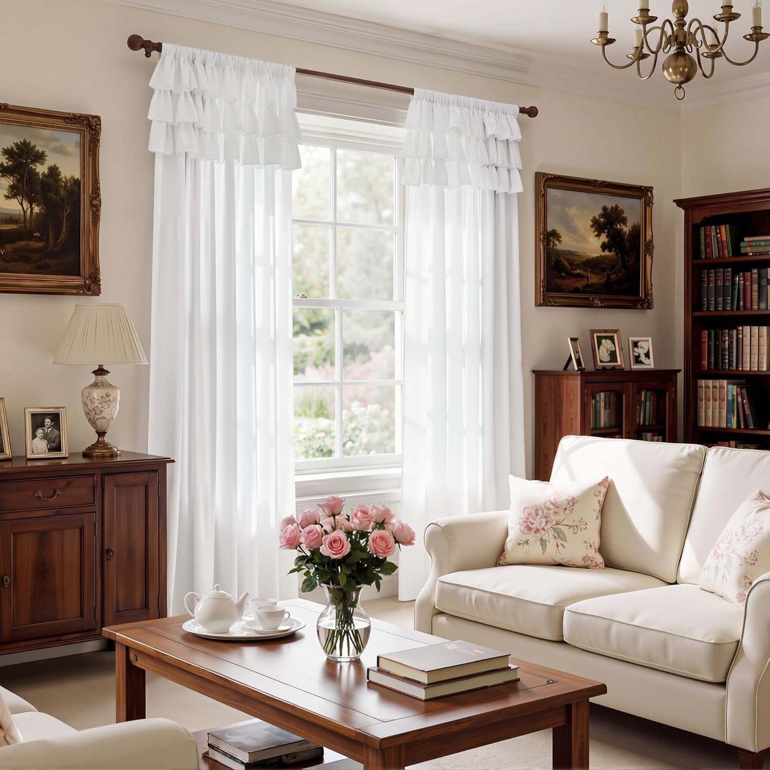 NICETOWN White Curtains with Ruffle Shabby Chic Valance for Farmhouse, Rod Pocket Flowy Luxury Romantic Drapes Privacy with Gentle Light Penetration for Bedroom, W52 x L95, 2 Panels