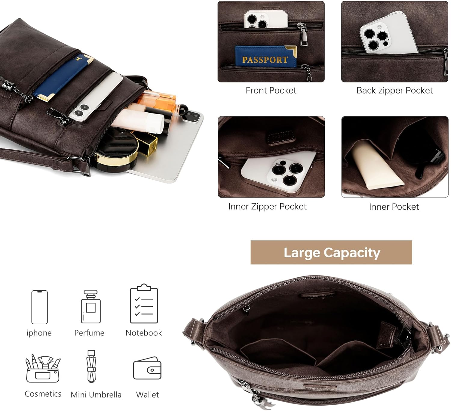 Womens Crossbody Purse Leather Travel Crossbody Bag with Tassel and Adjustable Strap