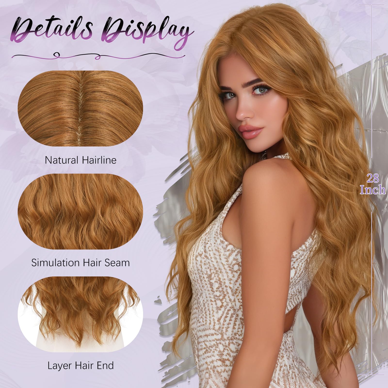 Sofeiyan Perruque Longue Bouclée 70 cm Gingembre Doré Synthétique Résistante à la Chaleur Front Dentelle Raie Milieu