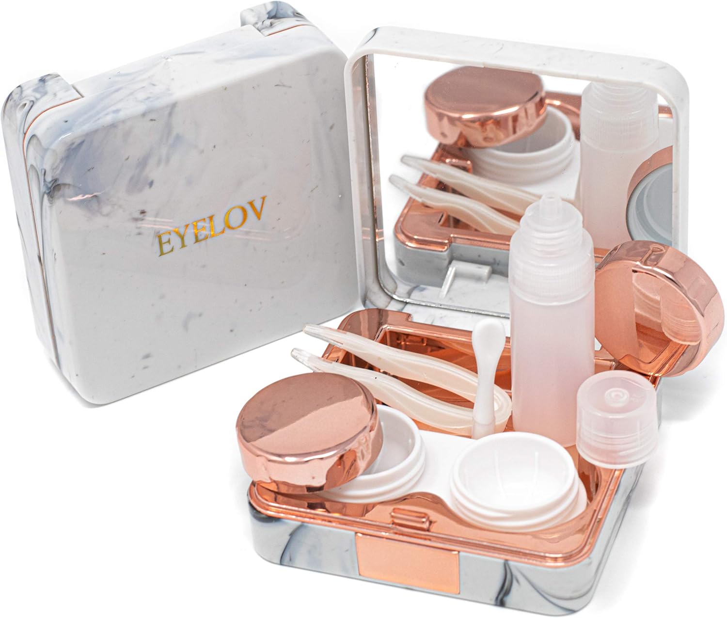 EYELOV Contact Lens Travel Case, Cute Marble Mini Contact Lens Travel Kit Holder Container Includes Contact Lens Remover Tool with Bottle and Tweezers (Rose Gold) : Health & Household