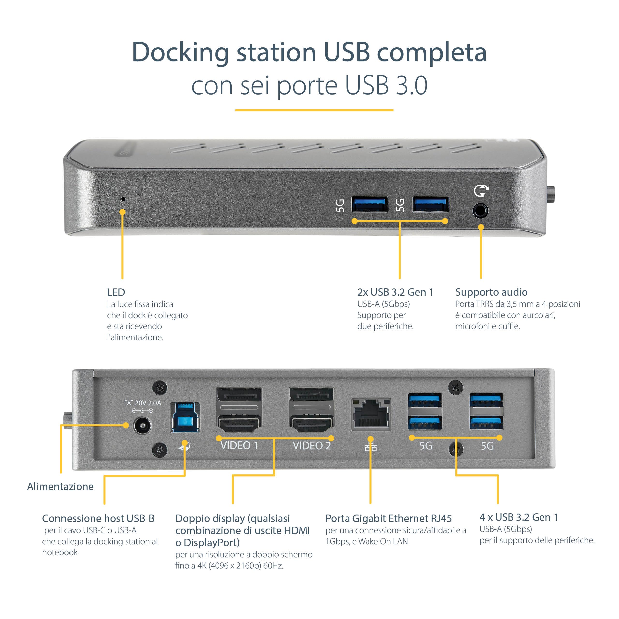 StarTech Dock Ibrido USB-C USB-A Universale Doppio 4K DisplayLink, 6x USB-A | Hub a 6 porte USB-A, Doppio monitor 4K a 60Hz, Ideale per multi monitor, Tecnologia ibrida