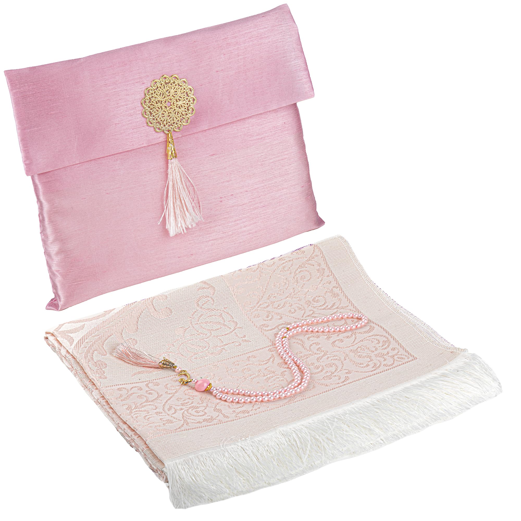 Modefa Islamic Prayer Mat Gift Set - Thin Travel Janamaz Sajadah in Taffeta Gift Bag with Tasbih Prayer Beads - Chenille Turkish Praying Carpet -