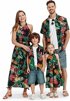 Family Hawaiian Matching Outfits Mommy and Me Outfits Caribbean Vacation Summer Tropical Halter Sundresses and Shirts