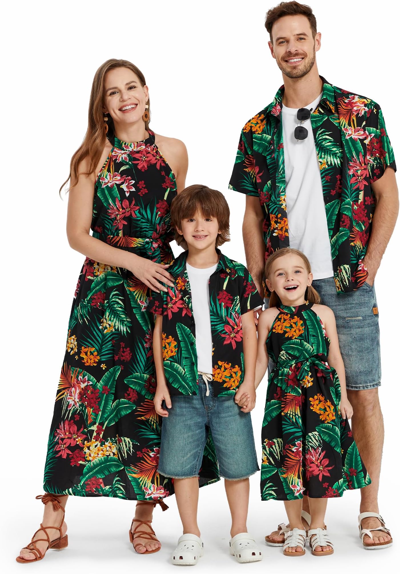 Family Hawaiian Matching Outfits Mommy and Me Outfits Caribbean Vacation Summer Tropical Halter Sundresses and Shirts