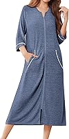 Ekouaer Women's Zipper Bathrobe: Lightweight 3/4 Sleeve House Coat with Pockets, Long Nightgown Robe