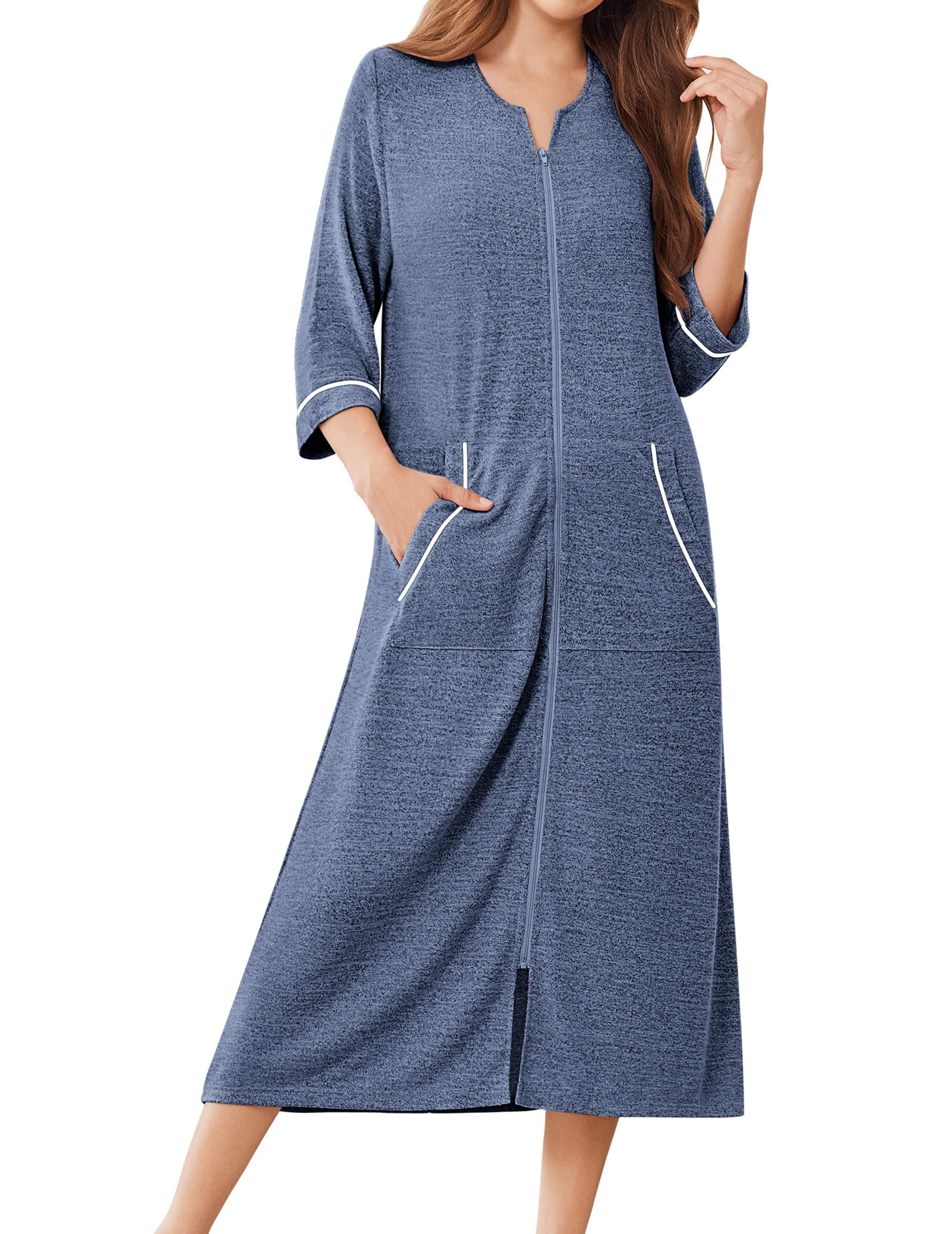 Ekouaer Zipper Robes for Women 3 4 Sleeve Bathrobe Lightweight House Coats for Women with Pockets Long Moo