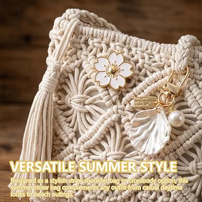 Straw Bag Set with Shell Keychain, Woven Beach Bag for Women, Summer Holiday Handbag, Crochet Straw Tote