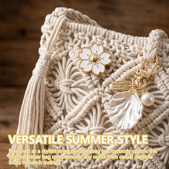 Straw Bag Set with Shell Keychain, Woven Beach Bag for Women, Summer Holiday Handbag, Crochet Straw Tote