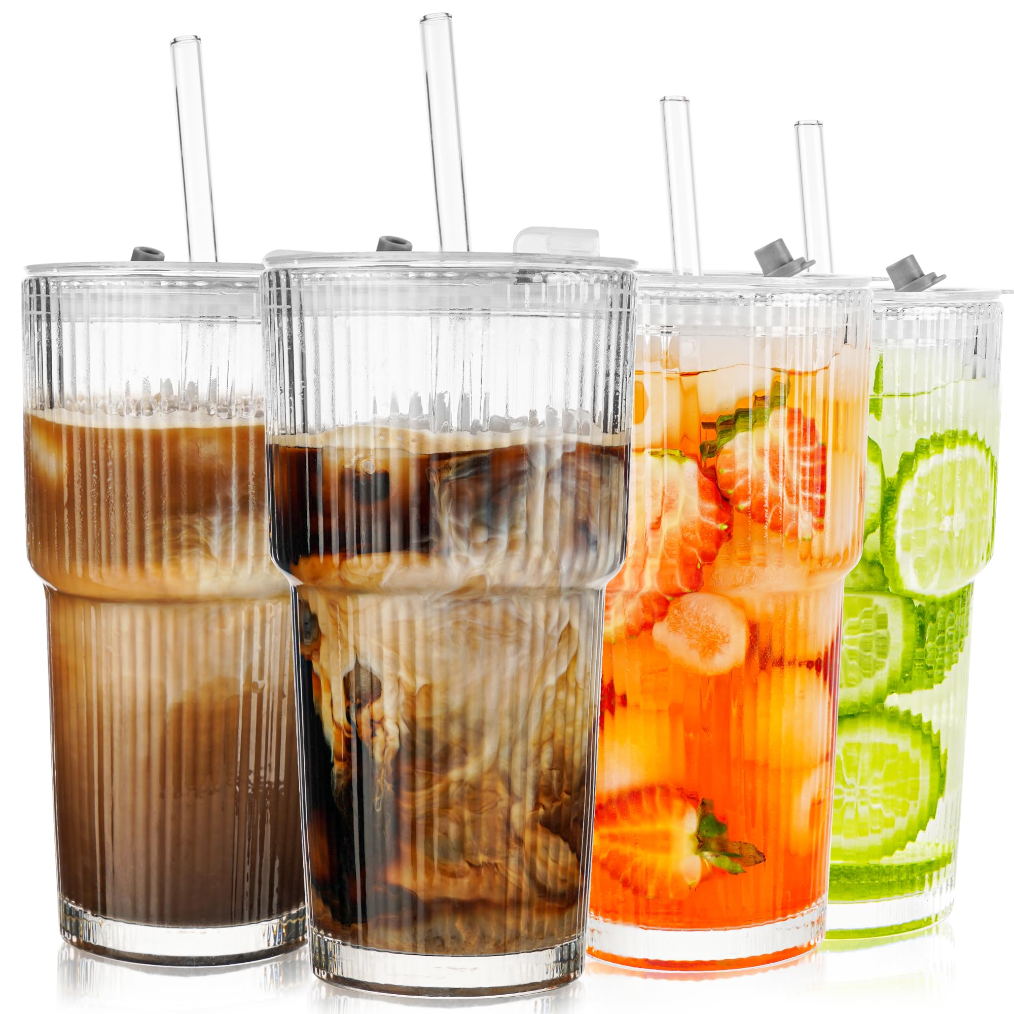 KUOGAS 4 Bicchieri in Vetro Rigato 600 ml con Coperchio e Cannuccia, Bicchieri per Frullati Spessi e Robusti in Vetro di Alta Qualità, Design Ermetico e Impermeabile, Ideale per Caffè