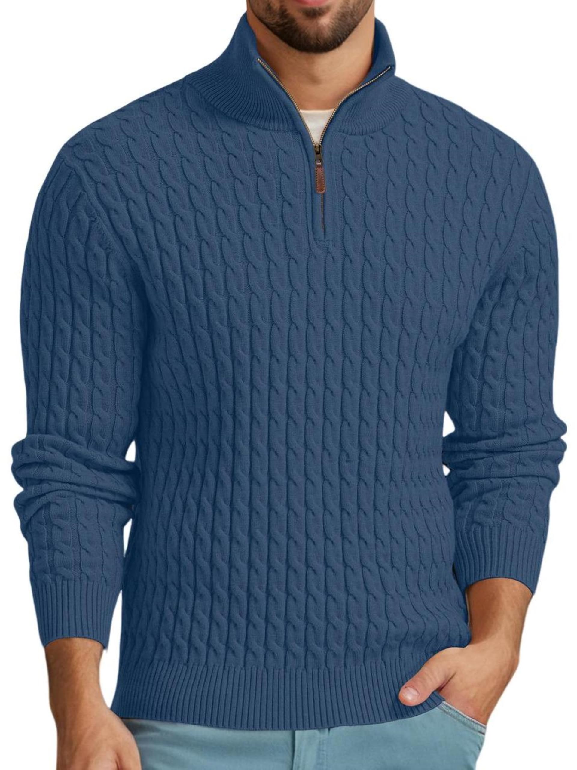 QIXING Maglione da uomo a trecce, con cerniera a un quarto, collo alto, motivo a trecce, morbido, casual, con bordi a costine