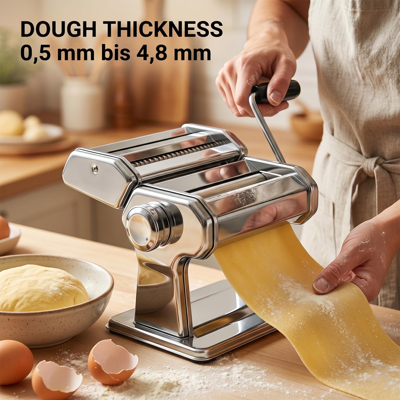 Nudelmaschine Pasta Maker 150 Aluminiumlegierung mit 9 Einstellbaren Stärkeeinstellungen und 2 Schneidern, Nudelmaschine Manuell für Spaghetti, Fettuccini, Lasagne, Geschenk (Silber)