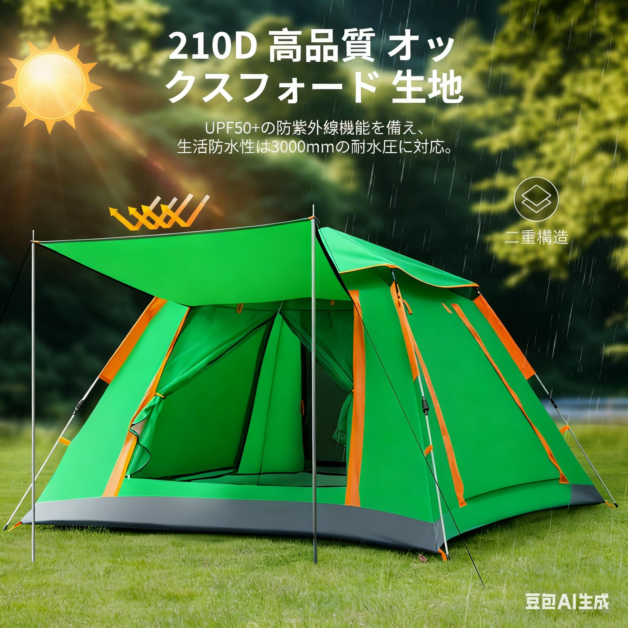 Amazon.co.jp: テント ワンタッチテント 3～4人用 全景天窓 ダブルドア