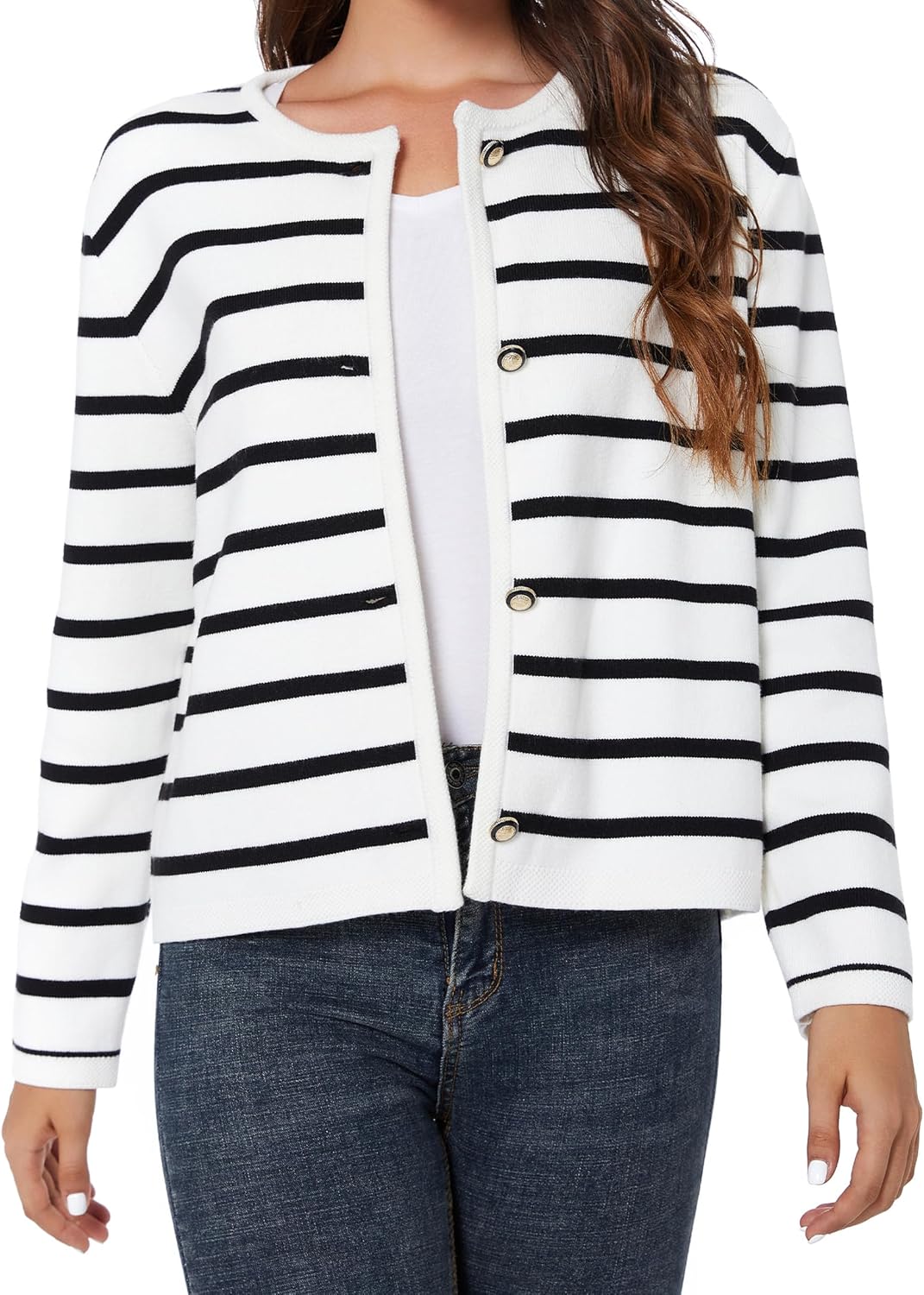 Women's Striped Cardigan Sweater Trendy Long Sleeve Button Down Crewneck Knit Cardigans - Image 5