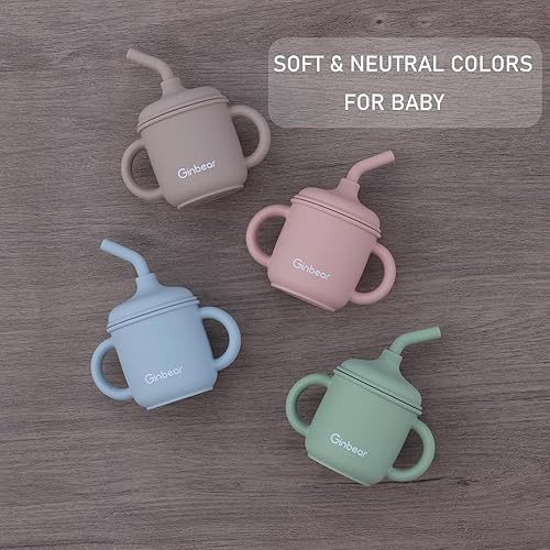 Miniatura 2 de Ginbear Vaso de transición 2 en 1 para bebé, a prueba de derrames, con pajilla, taza de silicona para bebé con asas, tazas pequeñas de entrenamiento
