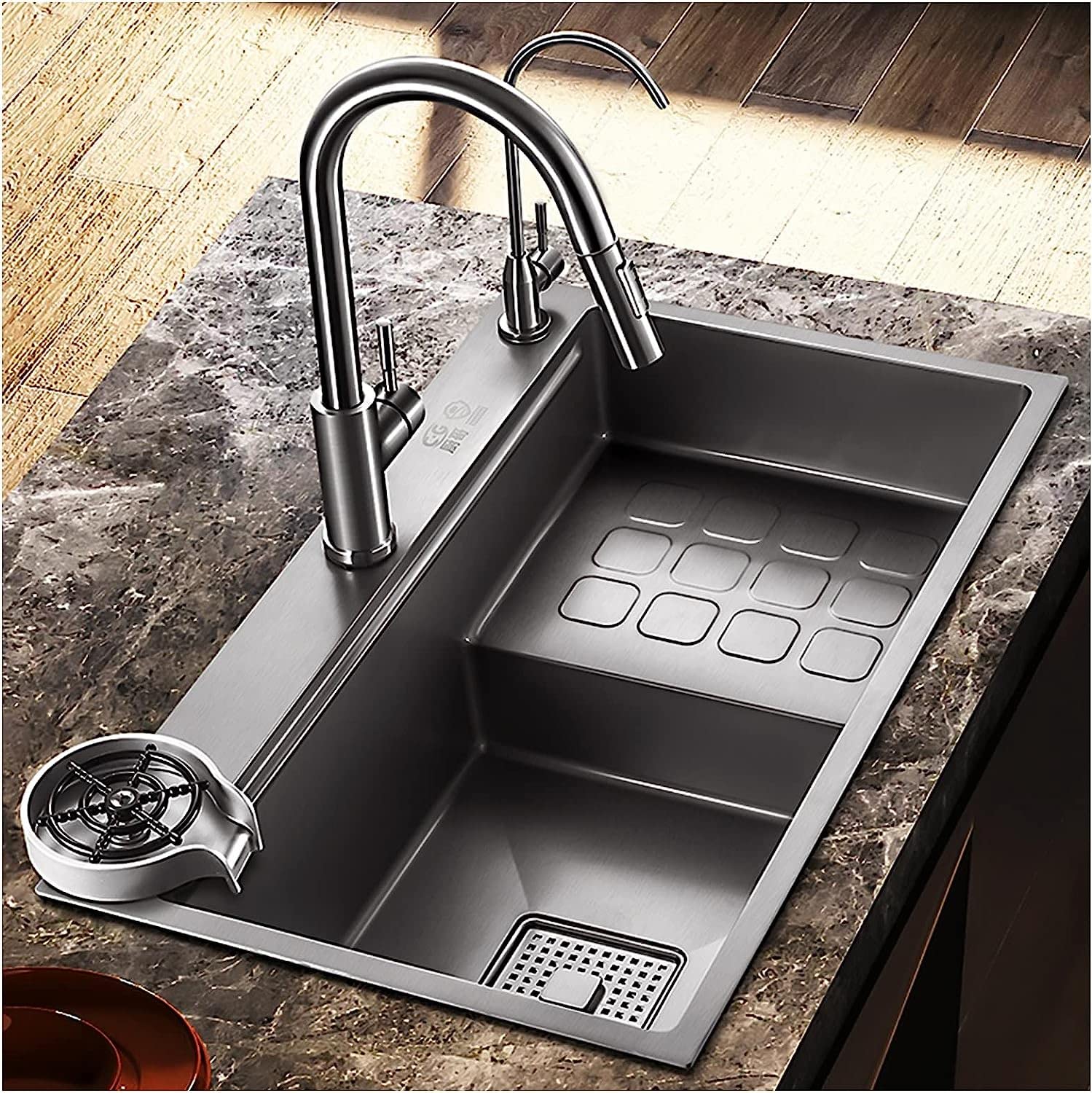 Fregadero De Barra De Cocina Negro Bajo Encimera con Grifo Extraíble, Fregadero De Cocina Grande De Acero Inoxidable 304, Fregadero De Un Seno De 9"de Profundidad con Kits De Instalación, pa