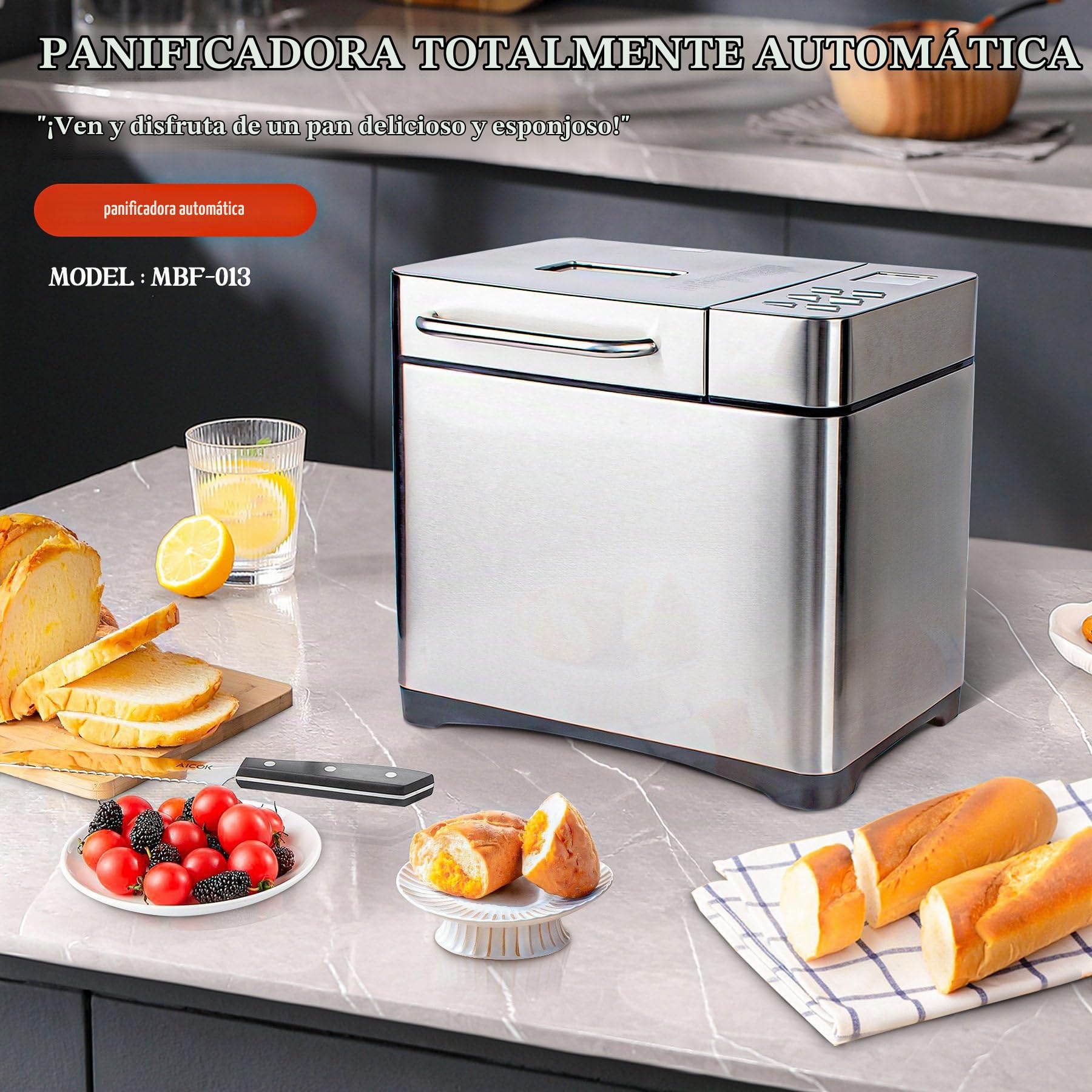 Máquina de Pan de Acero Inoxidable, panificadora 17 en 1 de 2 Libras con dispensador de Frutos Secos, sartén de cerámica Antiadherente y Panel táctil Digital, 3 tamaños de Pan
