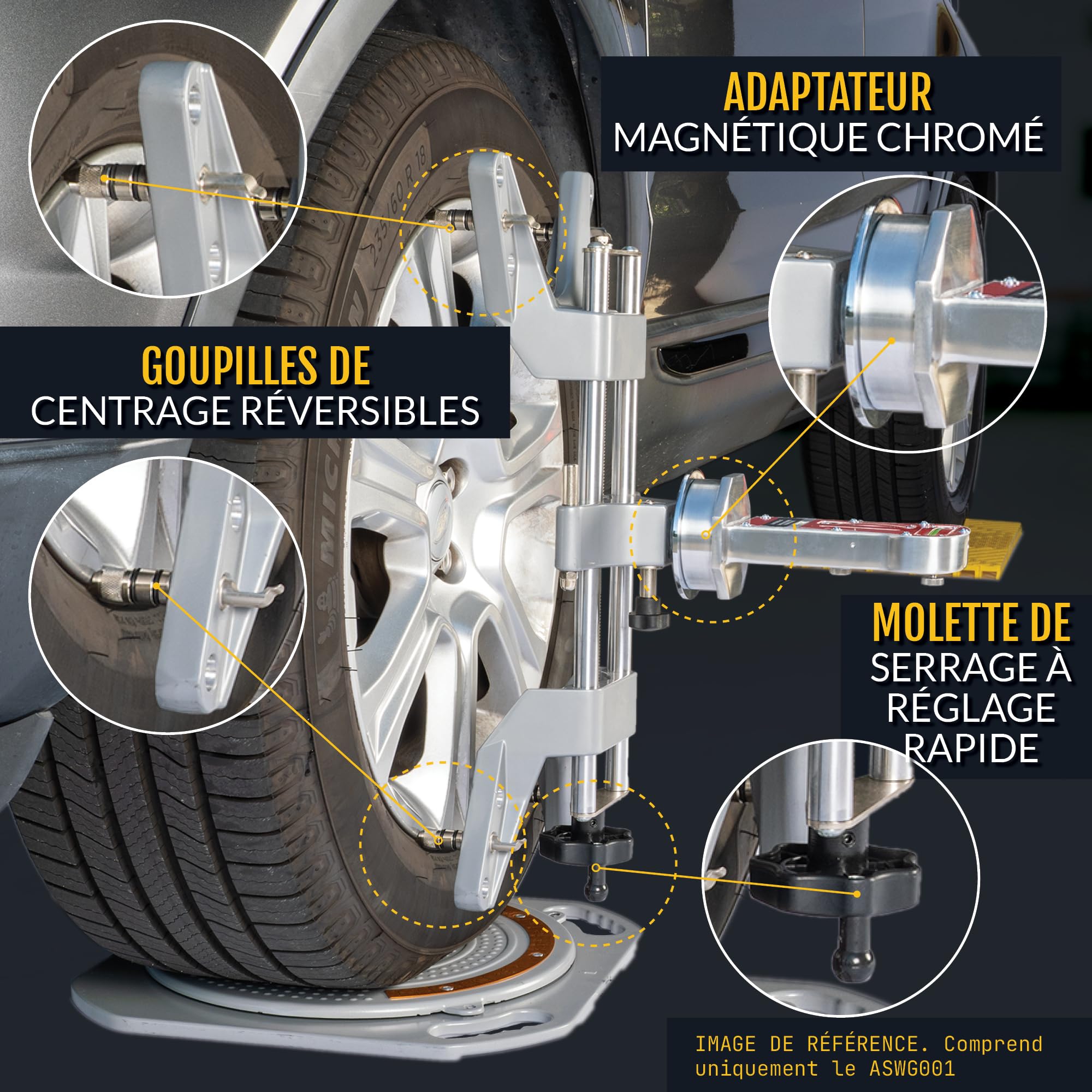 AutoSolo Serre-Roue d'Alignement Économique - Outil Mécanique Auto DIY avec Adaptateur Magnétique pour Carrossage - Jantes 28-63 cm (11-25 po)