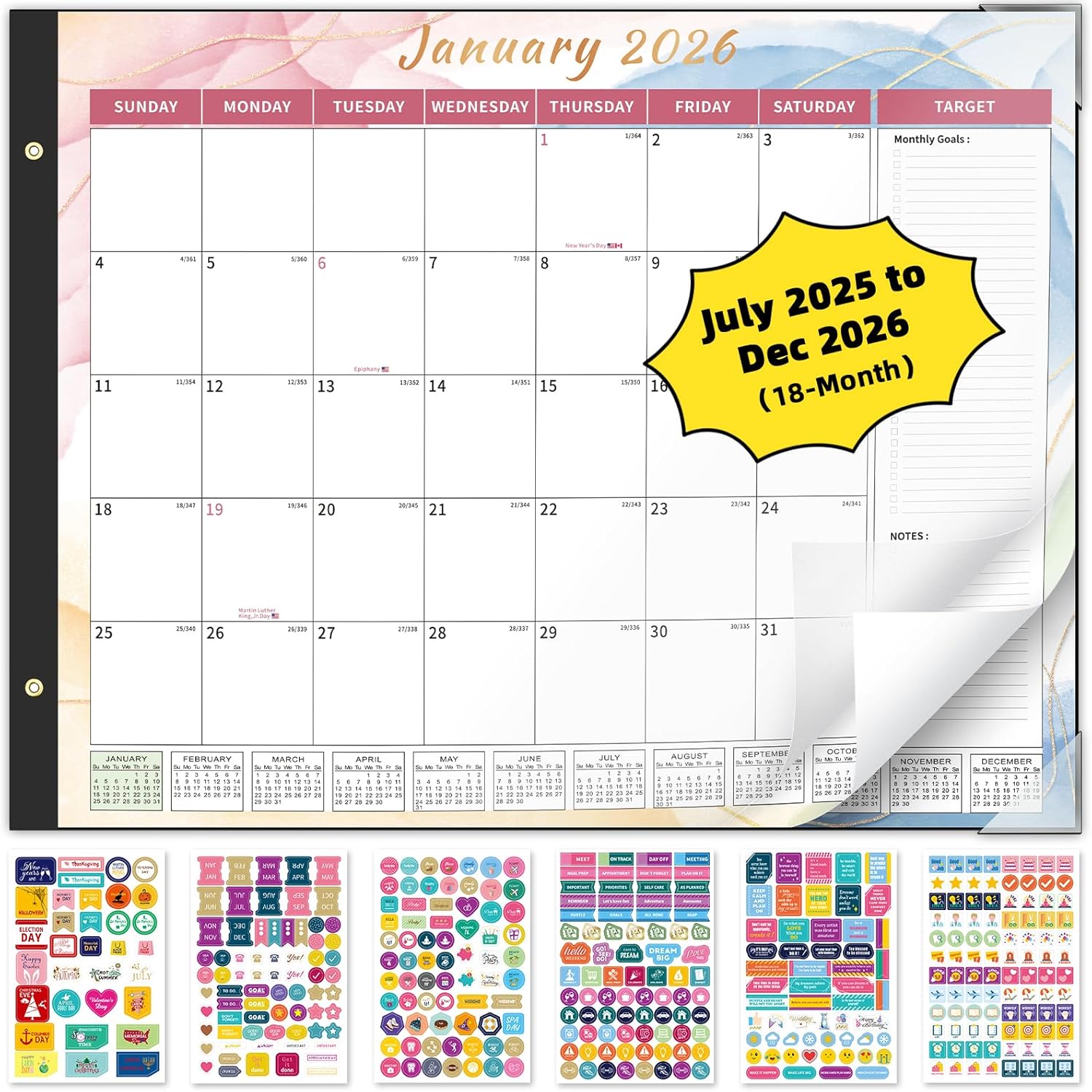 Ospelelf Calendar 2026-2027 Large Desk Calendar 2026 Monthly Desktop Calendar 22” x 17", 18 Month Calendar with Plastic Cover, Use Jan 2026 - June 2027, Multicolor