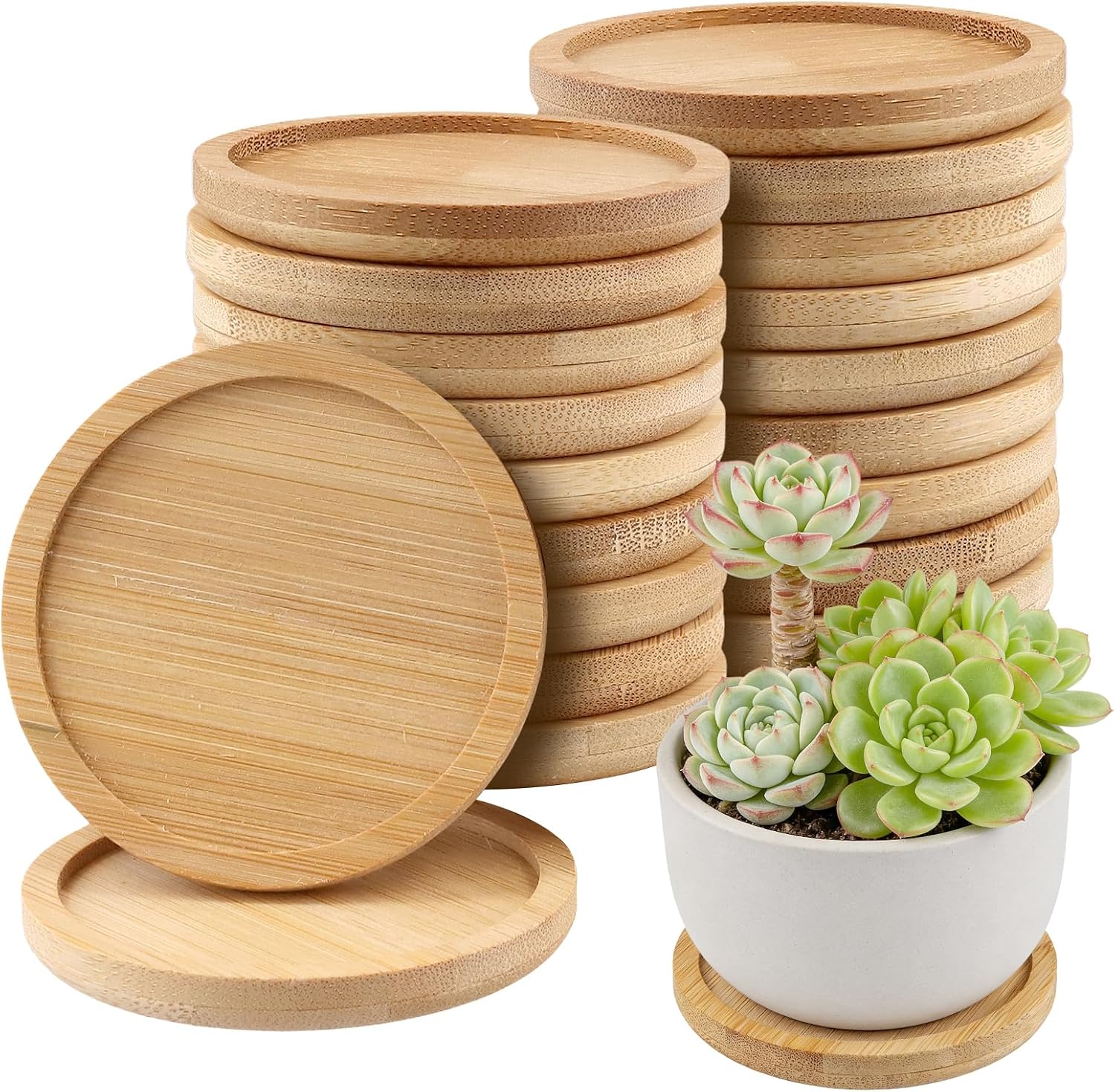20 PCS 5 Inch Natural Bamboo Coasters, Round Bamboo Planter Saucer Trays, Wooden Drink Coasters for Drinks Plant Pots