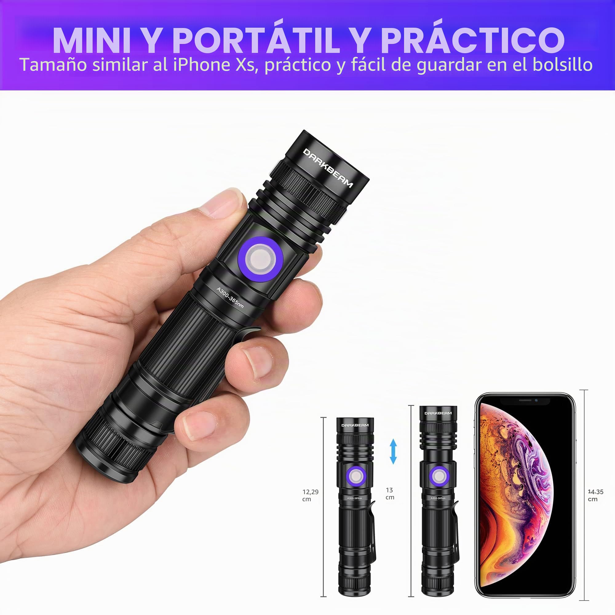 DARKBEAM Linternas UV Ultravioleta 365nm y 395nm Recargable Linterna Luz Negra, Lámpara de Wood LED Mini Portátil con Clip, Detector para Tiña de Mascotas, Orina, Gemas, Curado de resina, 2 paquetes