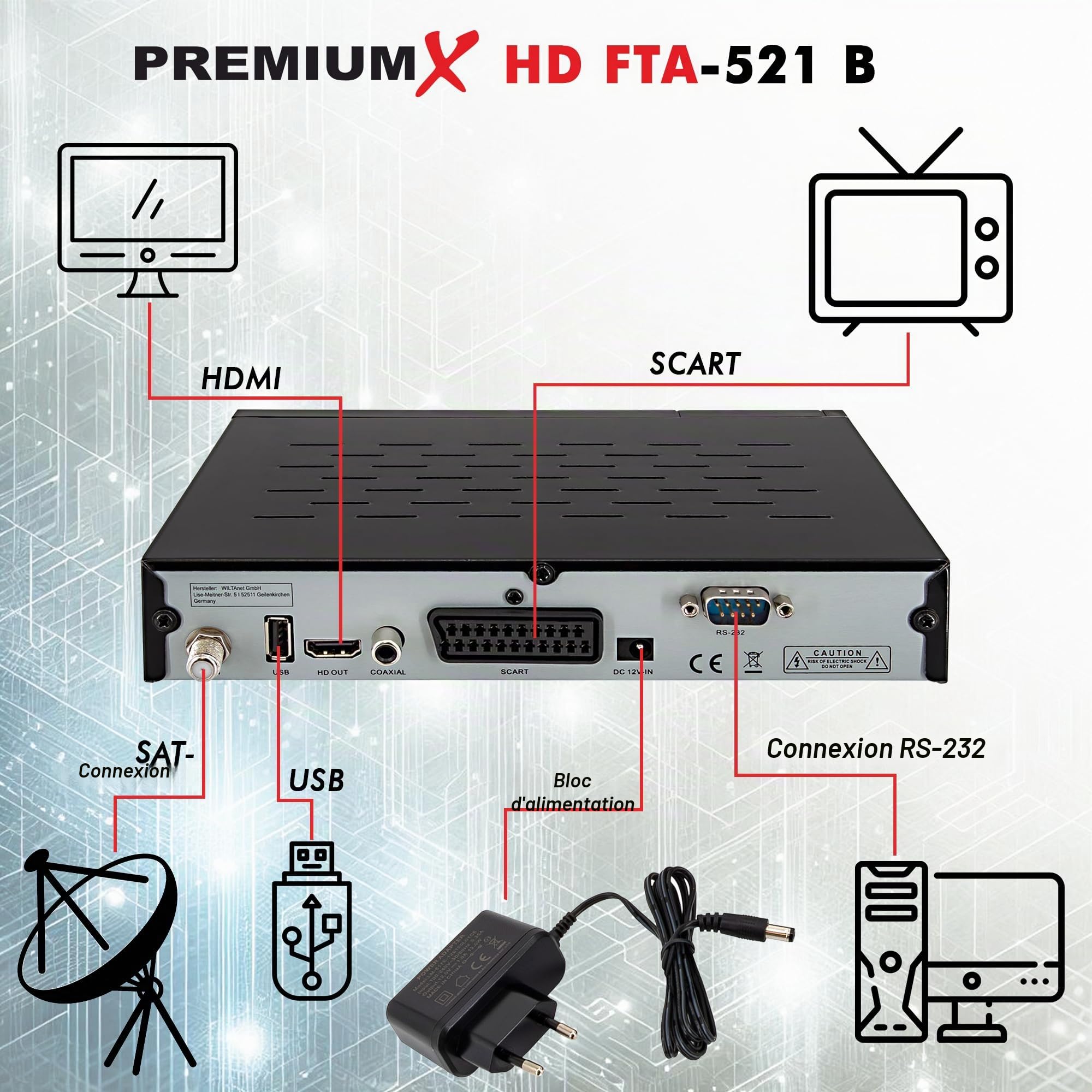 PremiumX Récepteur satellite HD 521 FTA numérique satellite DVB-S2 FullHD HDMI SCART 2X USB lecteur multimédia 12 V Bloc d'alimentation externe