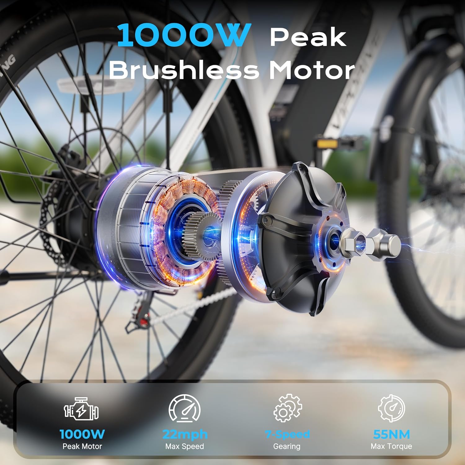 Electric Bike for Adults, 1000W Peak Motor, 22 MPH Commuter E-Bike, 48V Removable Battery, 50 Miles Range, 7-Speed Electric Bicycle, Includes Pump, Phone Mount & Lock