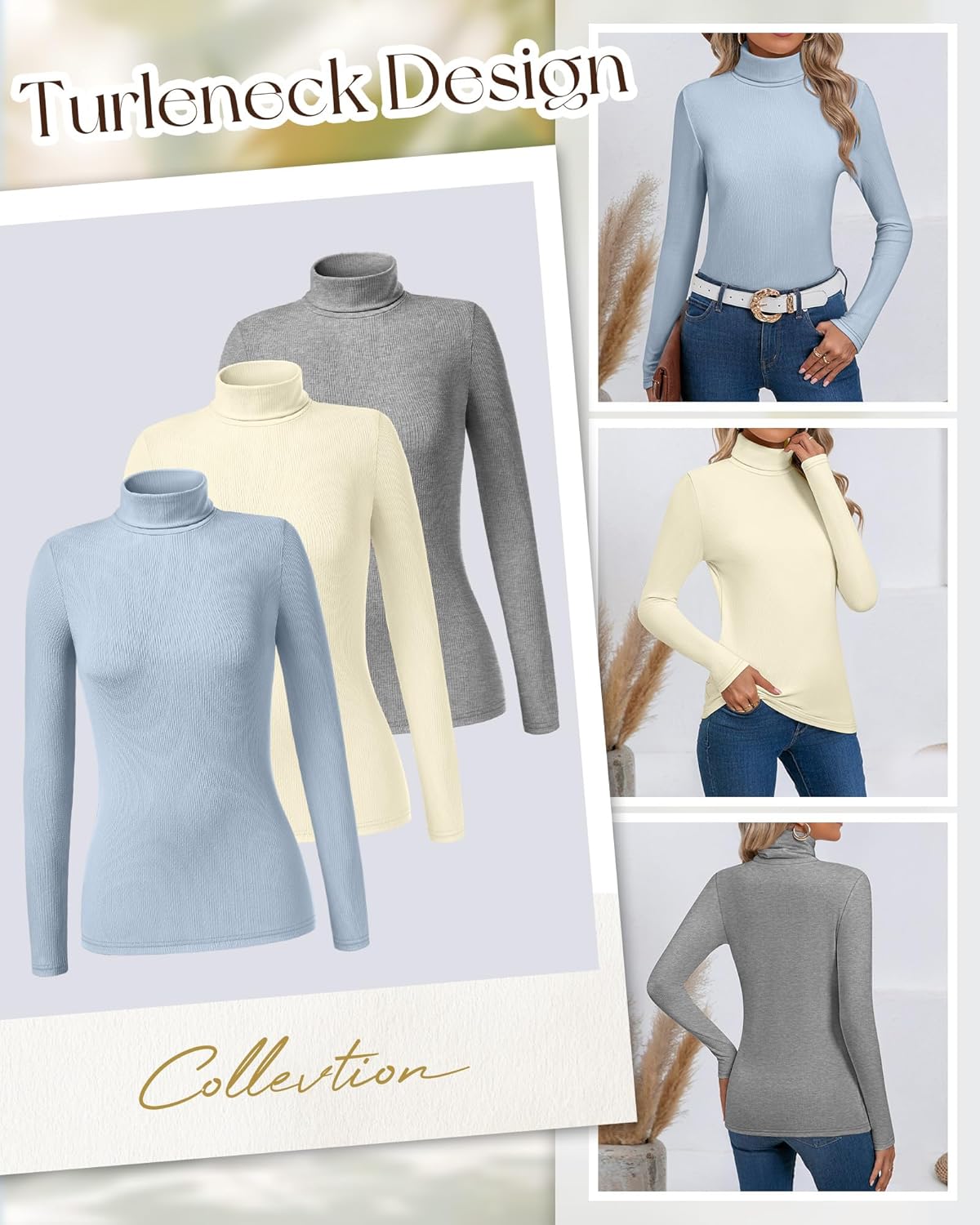 Ficerd 3 Pack Women's Ribbed Thermal Turtleneck Tops Long Sleeve Stretch Shirts Knitted Fitted Lightweight Base Layer - Image 5