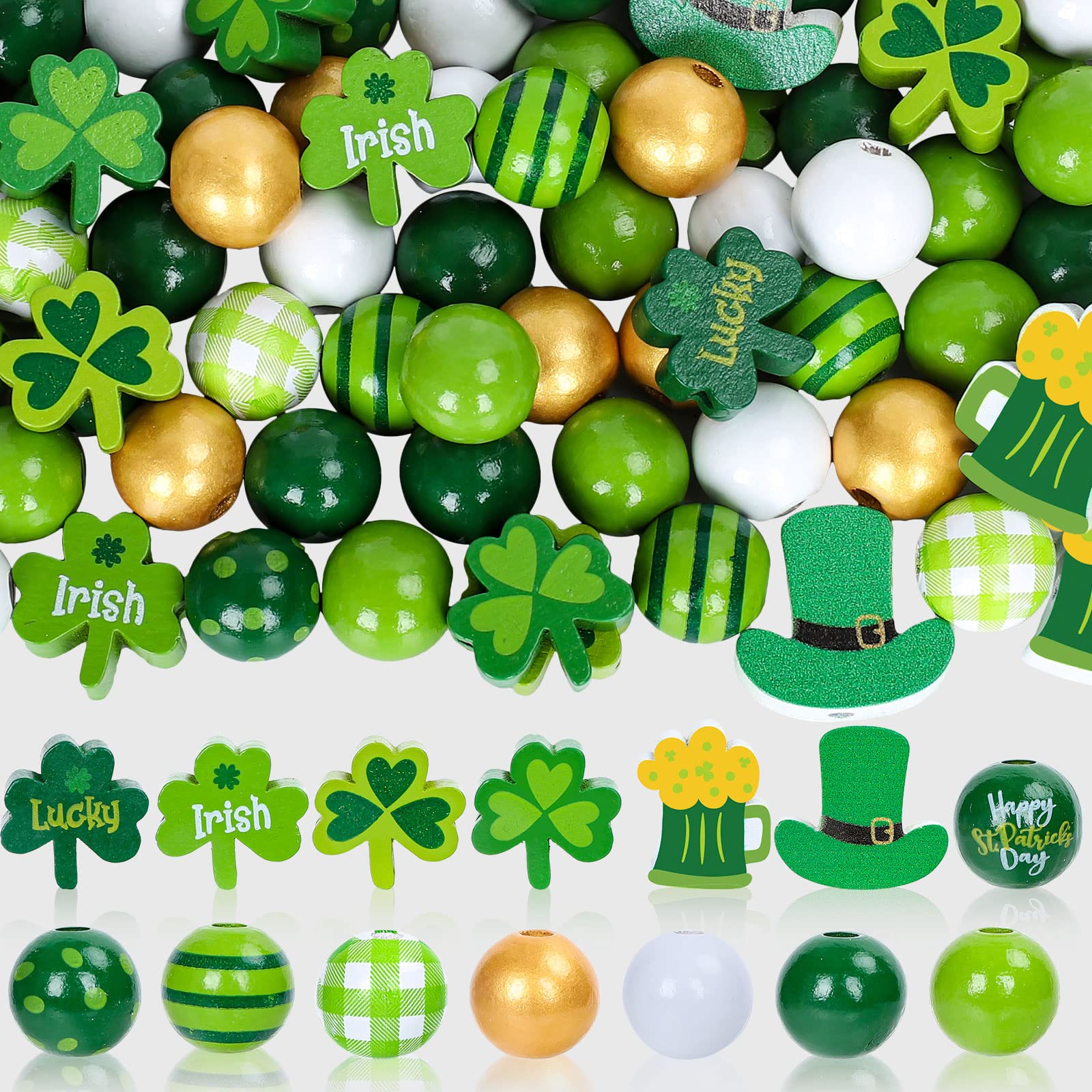 Whaline Holzperlen-Set St. Patrick’s Day – 220 Stück Mit Hanfseil, Grün-weiß, Kleeblatt & Streifen