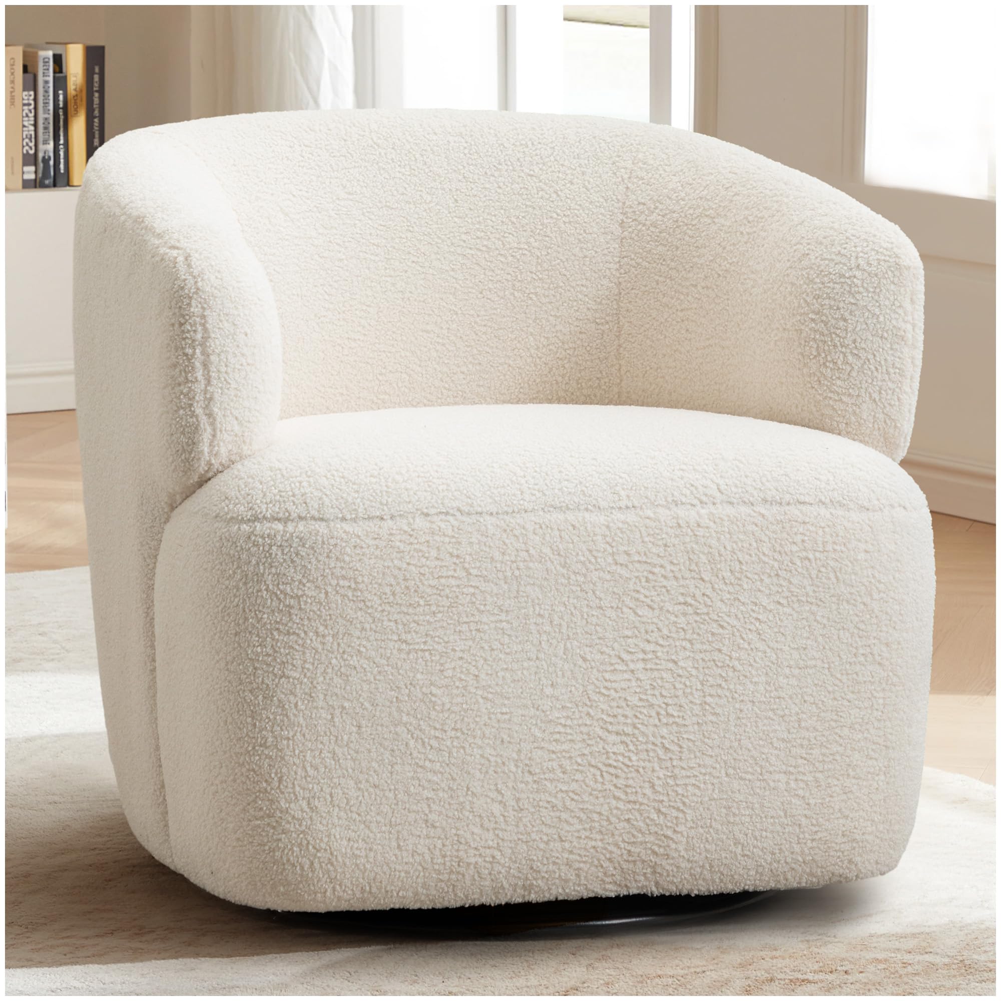 FriFurne Swivel Accent Chair, Upholstered Fabric Barrel Chair Boucle Round Boucle Armchair for Living Room Bedroom, Beige Cream White