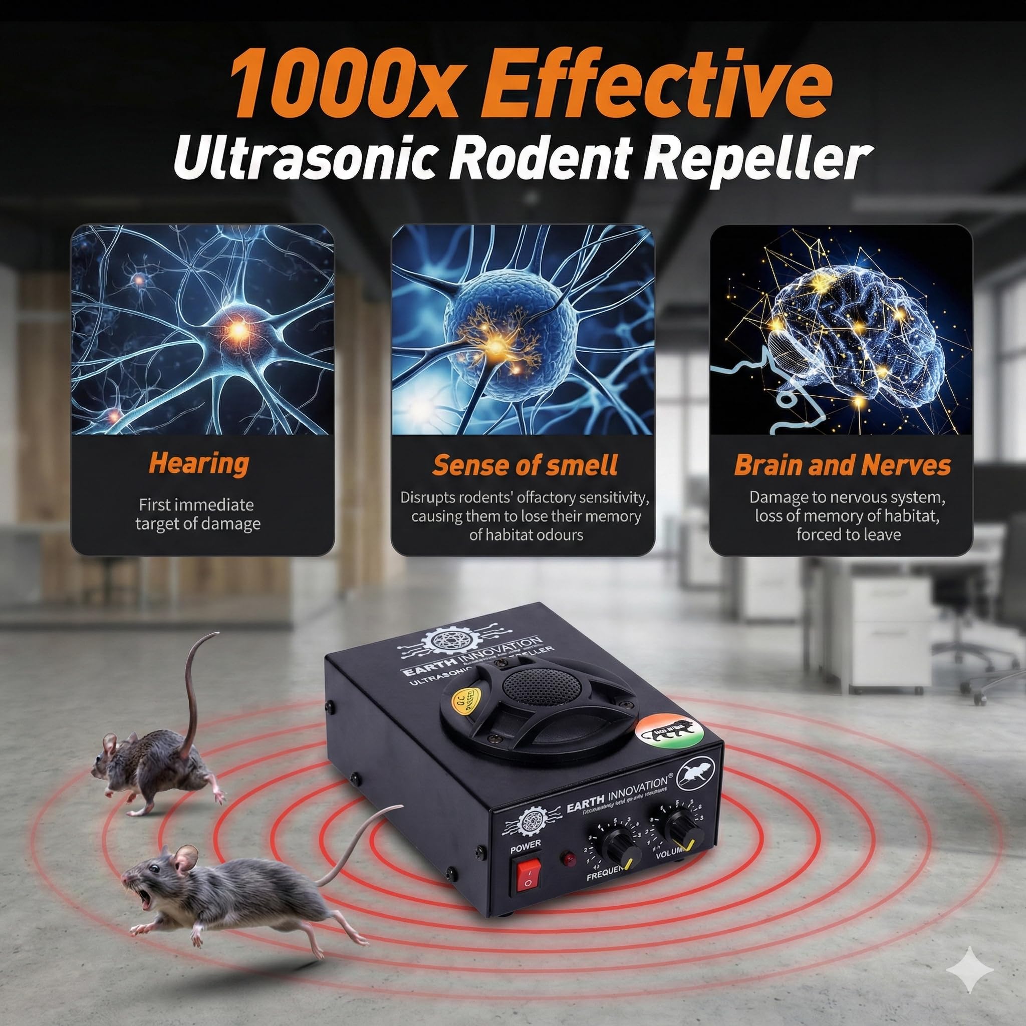 Earth Innovation™ Ultrasonic Sound Rat and Rodent 6th Generation Pest Repeller Device use for Home, Office, Storeroom, Restaurant Kitchen, Store, Hotel Rooms, Car Parking Area Etc. (Black - 1500 SQ) 3