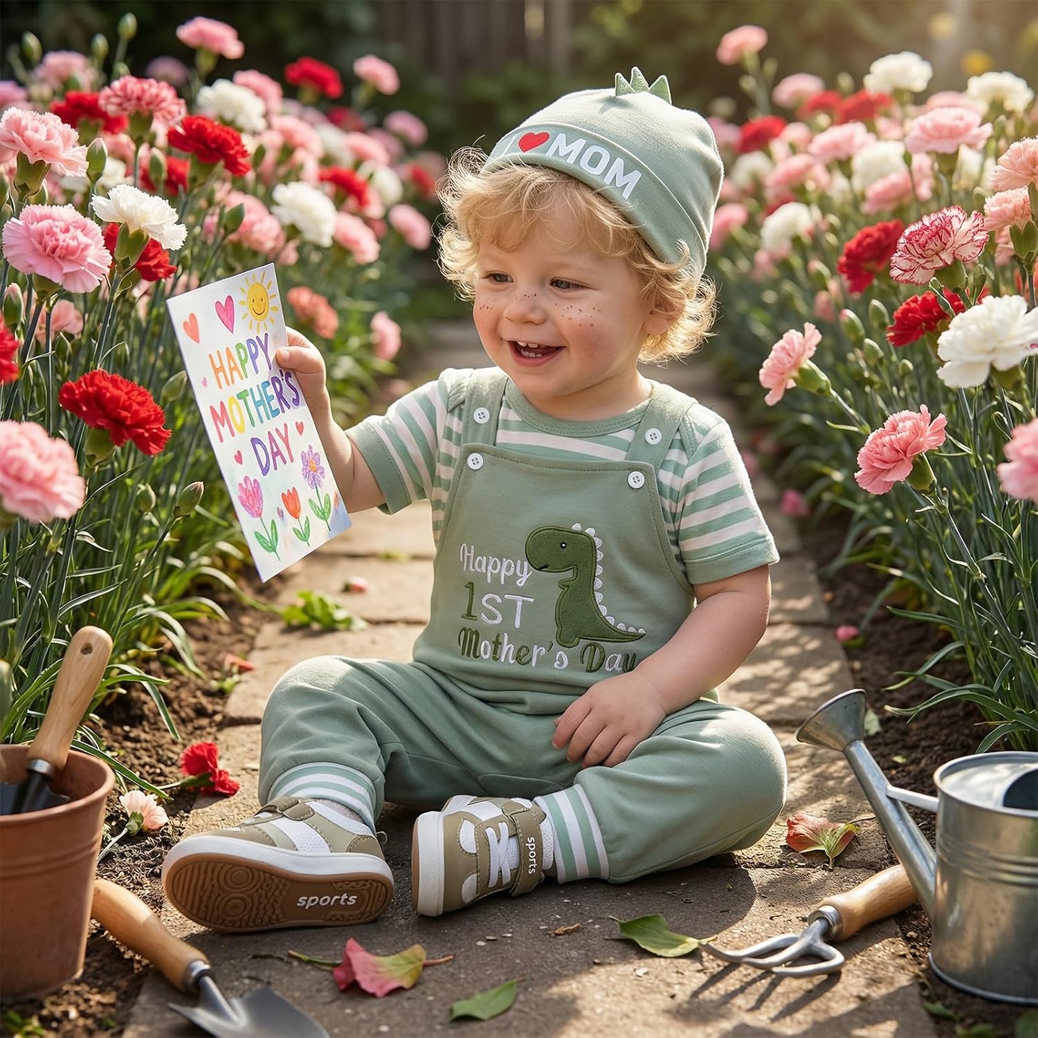 First Mothers Day Baby Boy Outfit Short Sleeve Stripe Romper Elephant/Dinosaur Embroidered Overall Pants and Hat Set - Image 2