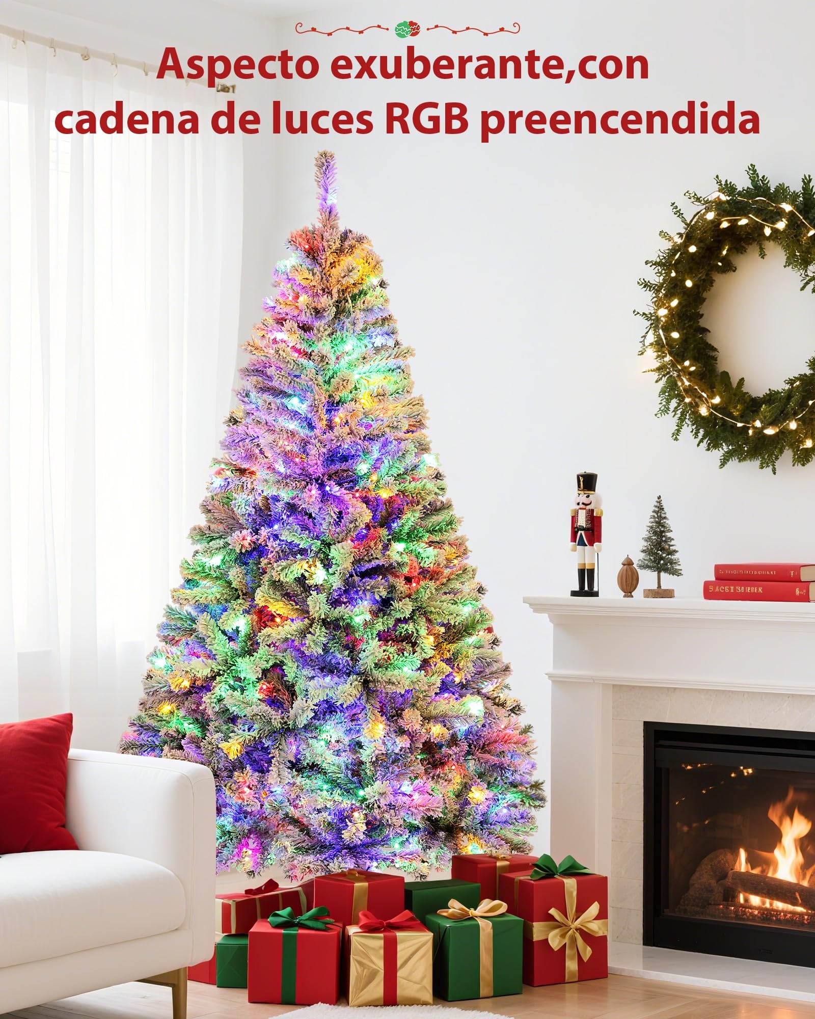 Himimi 180cm Árbol de Navidad Artificial con Iluminación, 250 Leds RGB, 8 Modos de Iluminación, Árbol de Navidad Artificial con Nieve, 1000 Ramas PVC, Decoración Navideña para Casa Oficina(Blanco)