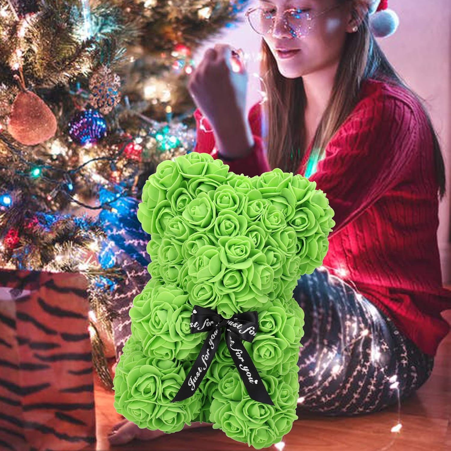 LINKLO Rose Bear Rose Teddy Bear -10 inch Artificial Rose Flower Bear, Gift for Wedding, Mothers Day and Anniversary, Including Transparent Gift Box (Green)