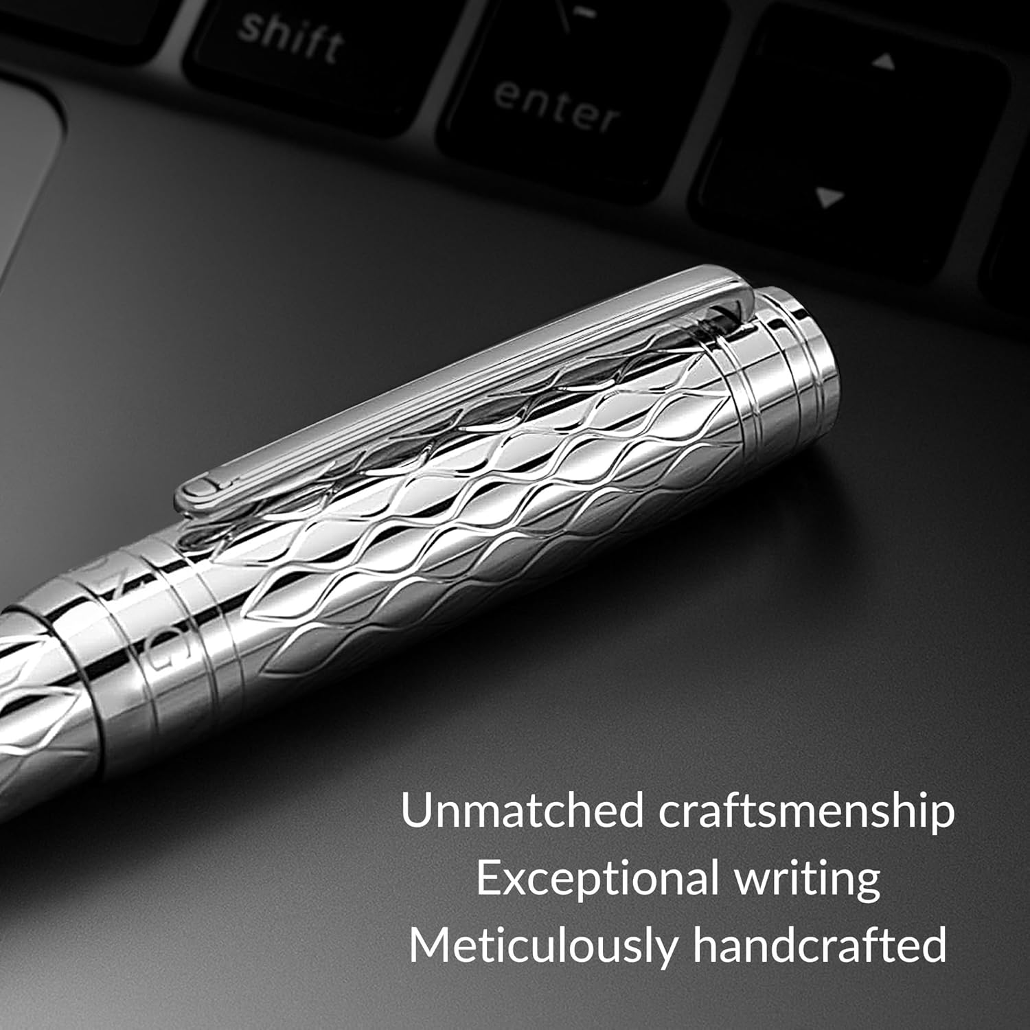‘The Mirror’ Silver Luxury Executive Fountain Pen, Woven Chrome Finish, Medium Nib, Smudge Free, No Bleed, Use Any Fountain Ink with Included Converter, Fits Cartridges (sold separately)