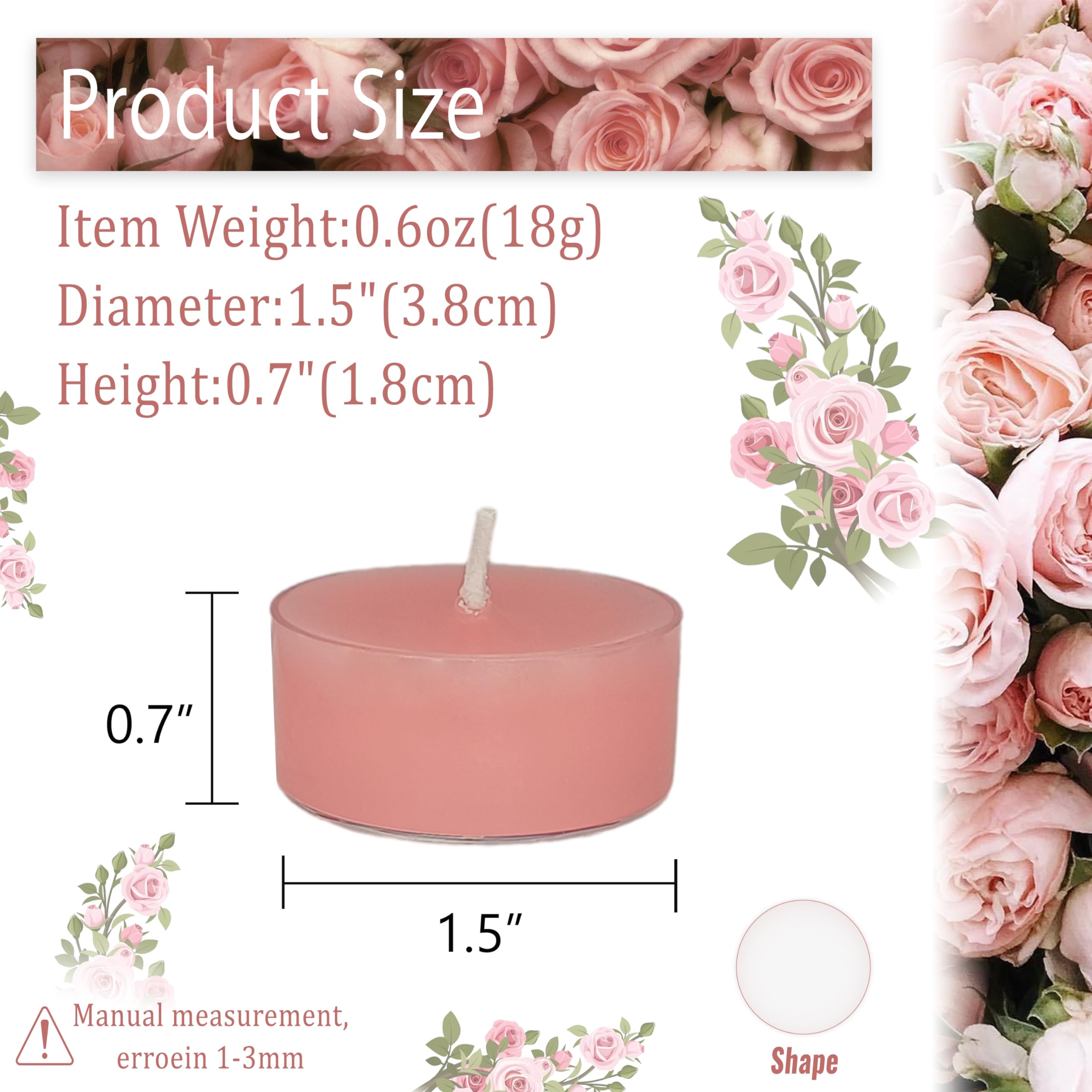 Tea Candles Rose Scented Handmade 24 Pack Clear Cup Tea Lights Candle 6 Hour Long Burning Tealight Candle for Wedding Yoga Outdoor Spa(Pink)