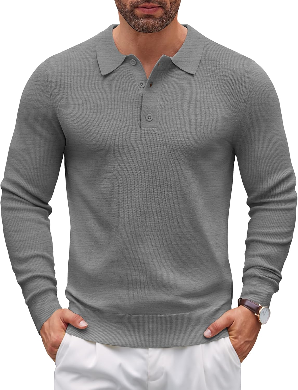 COOFANDY Mens Knit Polo Sweater Long Sleeve Polo Sweaters Casual Knitted Button Collar Pullover Sweater