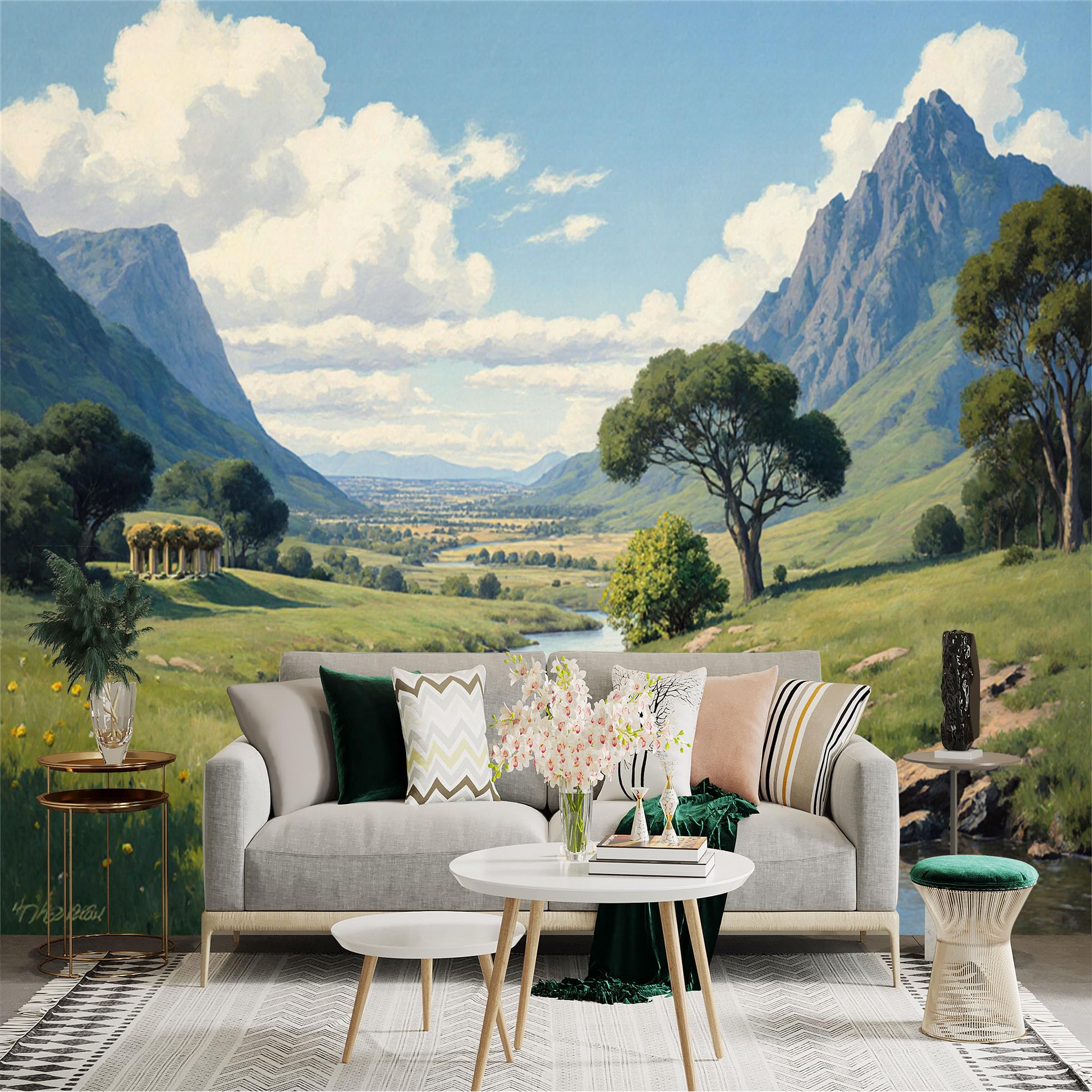 Lnzczhyre Xc260505449 Custom Size Wall Sticker Mural， Scenic Mountain Landscape With River， Lush Green Valley， Blue Sky And Clouds， Nature Scenery， For Wall Decoration， Peelandstick Wall Decals.