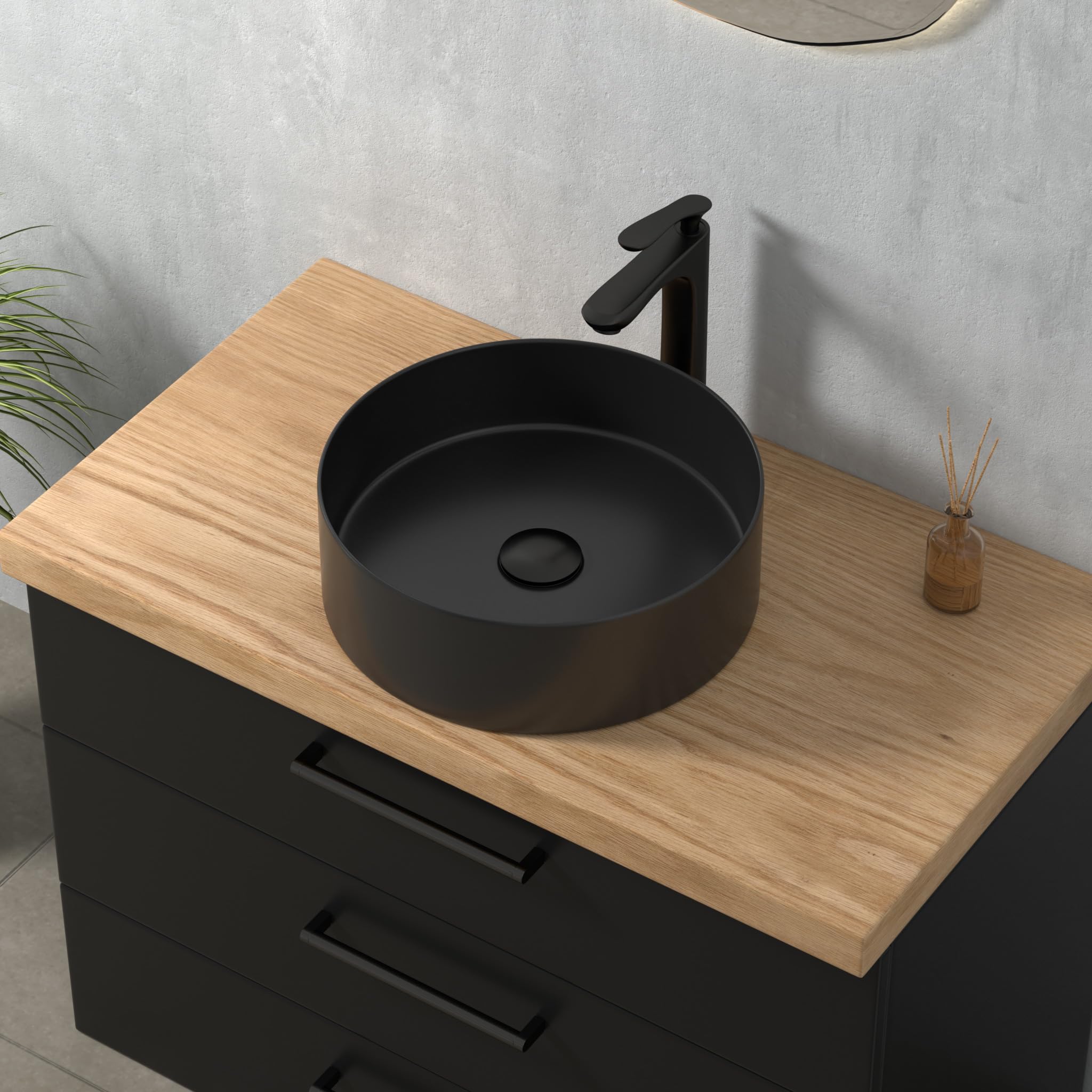 Lavabo negro, redondo, pequeño lavabo de mano en diseño elegante y fácil de limpiar para baño y aseo de invitados (negro mate, 39,5 x 39,5 x 13 cm)