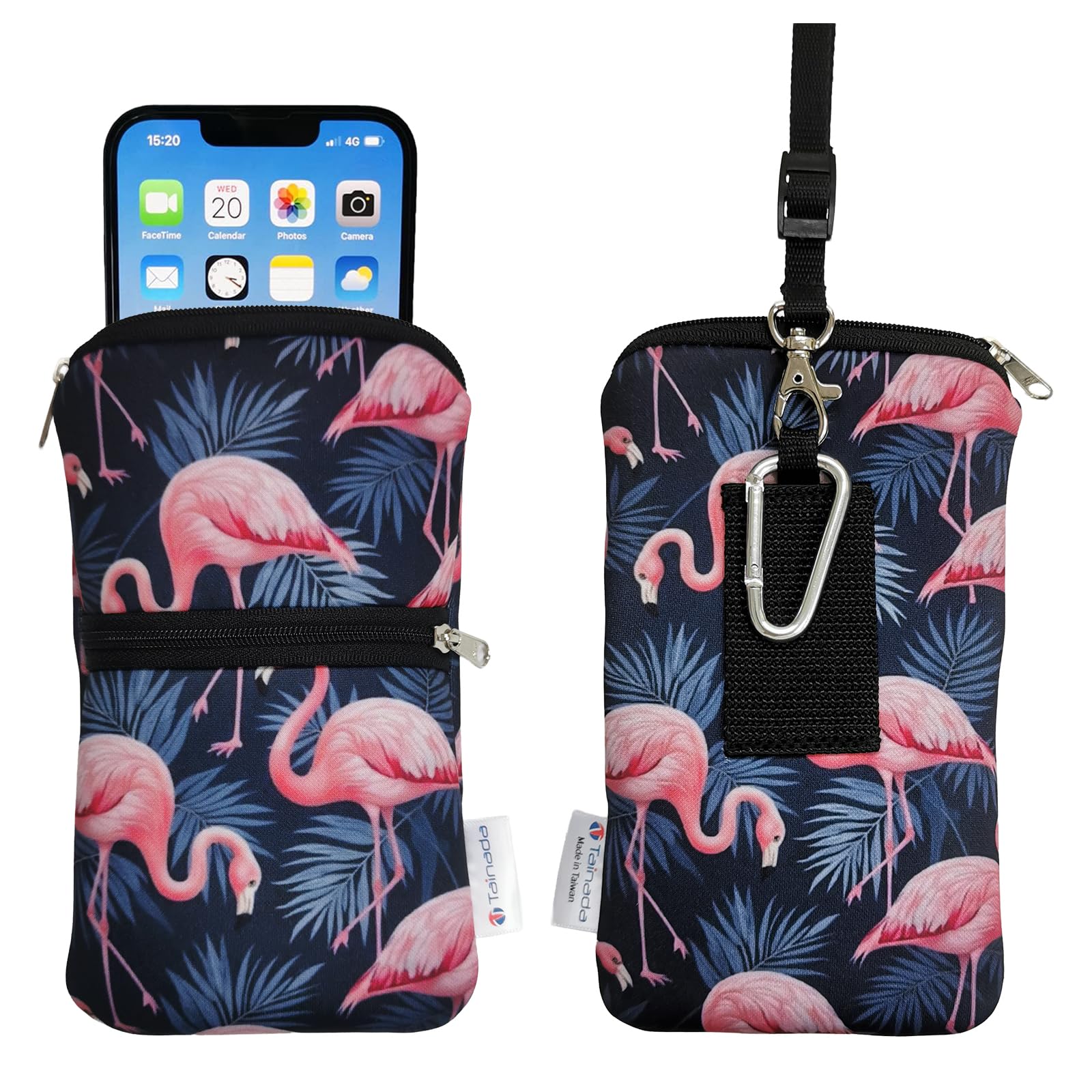 Tainada 2-Zip Neck Phone Pocket Bag w/Belt Loop (Flamingo Pattern Gray) | For Men/Women; Water-resistant neoprene pouch, shockproof, lightweight, w/carabiner; Compatible with most of smartphones