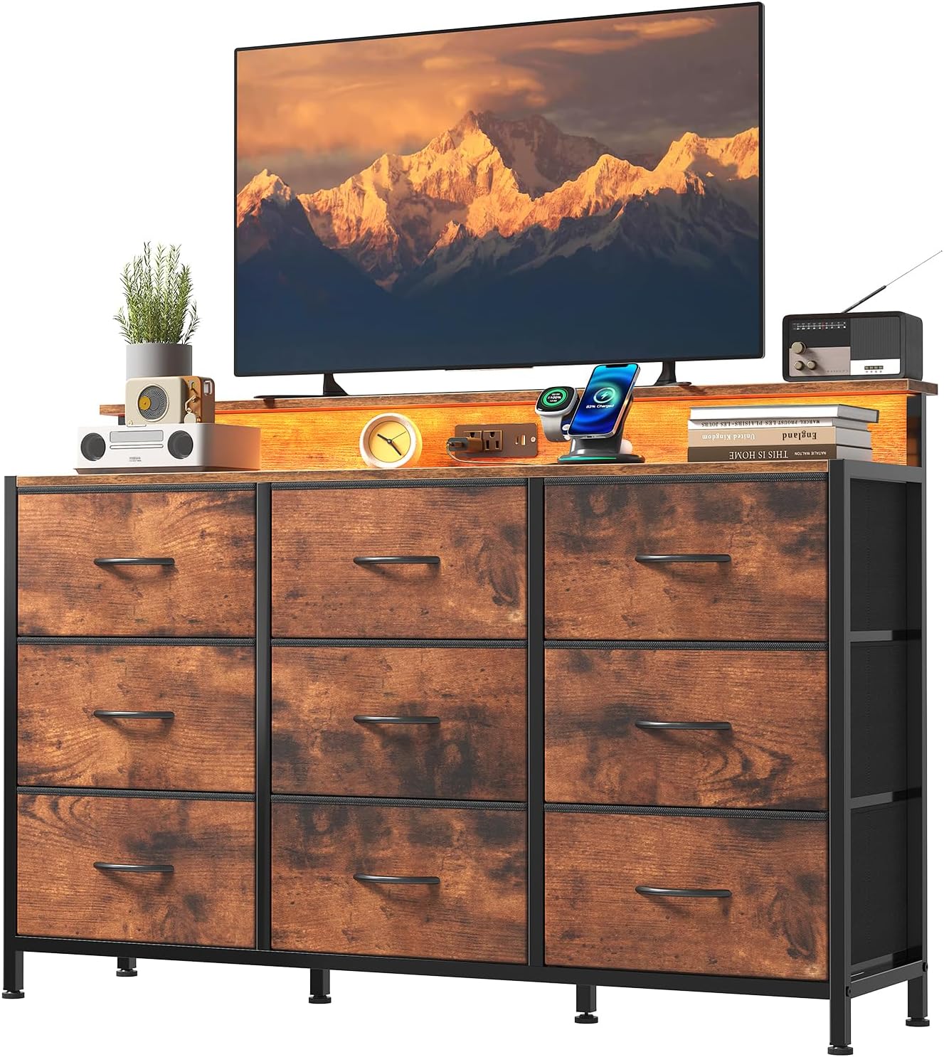 LED Dresser for Bedroom with Charging Station, 9 Fabric Drawer Media Console with Smart RGB Light, Entertainment Center TV Stand for 55 Inch TV, Tank