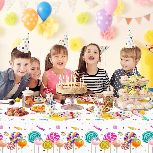 Miniatura 5 de PHOGARY Sweet Candyland - Mantel de plástico con temática de caramelos, 2 manteles de cumpleaños, coloridos manteles de piruletas para niñas,