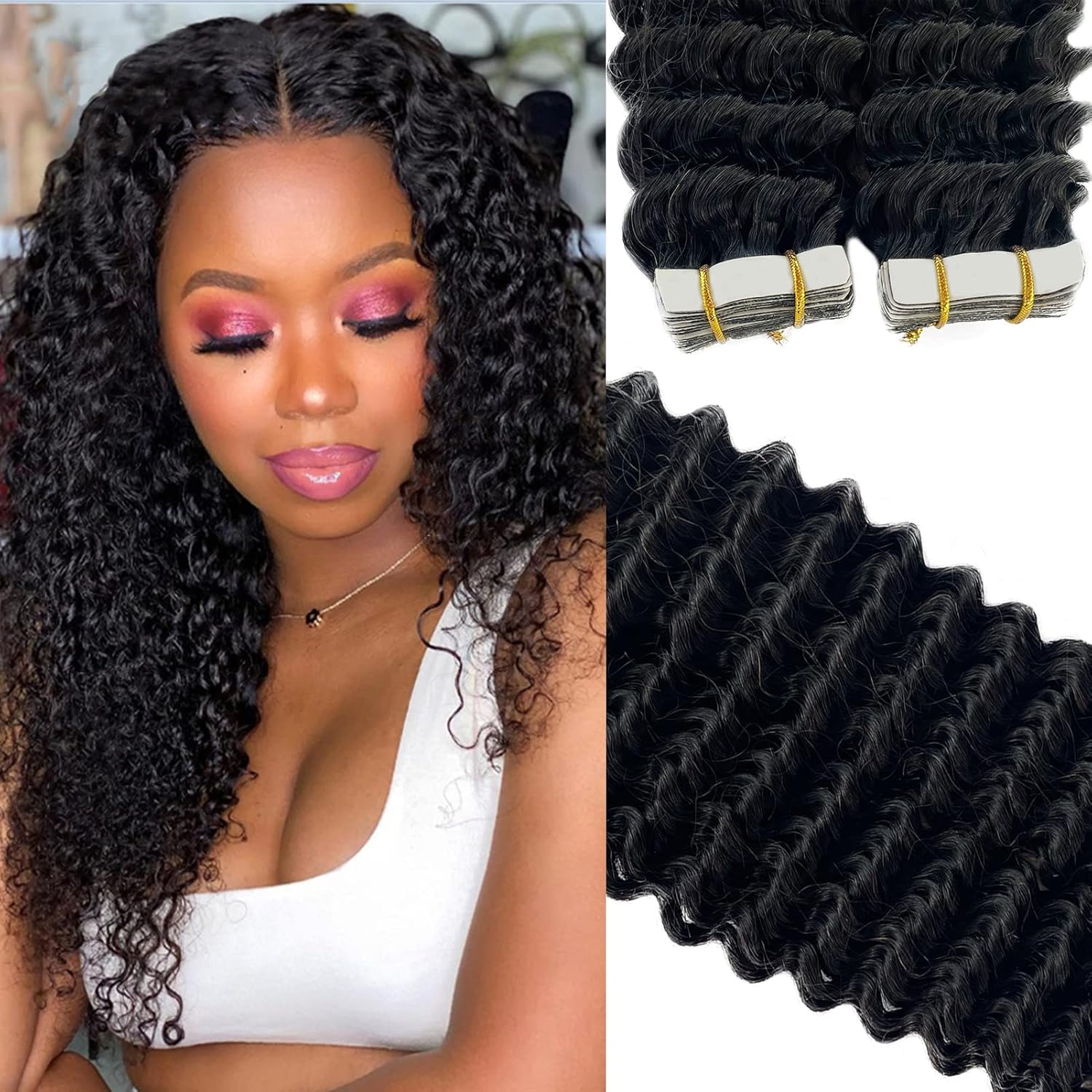 Benafee Curly Tape in Extensions Human Hair 24 Inch 40 Pieces Invisible Tracks Kinky