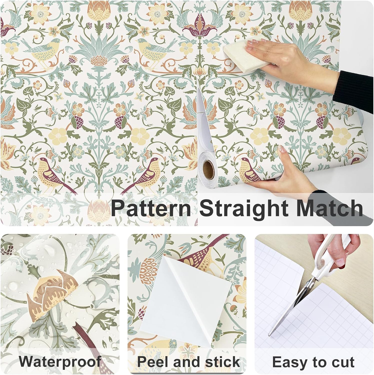 Beige Floral Wallpaper Vintage William Morris Wallpaper Self Adhesive Bird Botanical Contact Paper for Bedroom Cabinets Shelf Mural Bathroom Vinyl Retro Damask Victorian Wall Paper Sticky