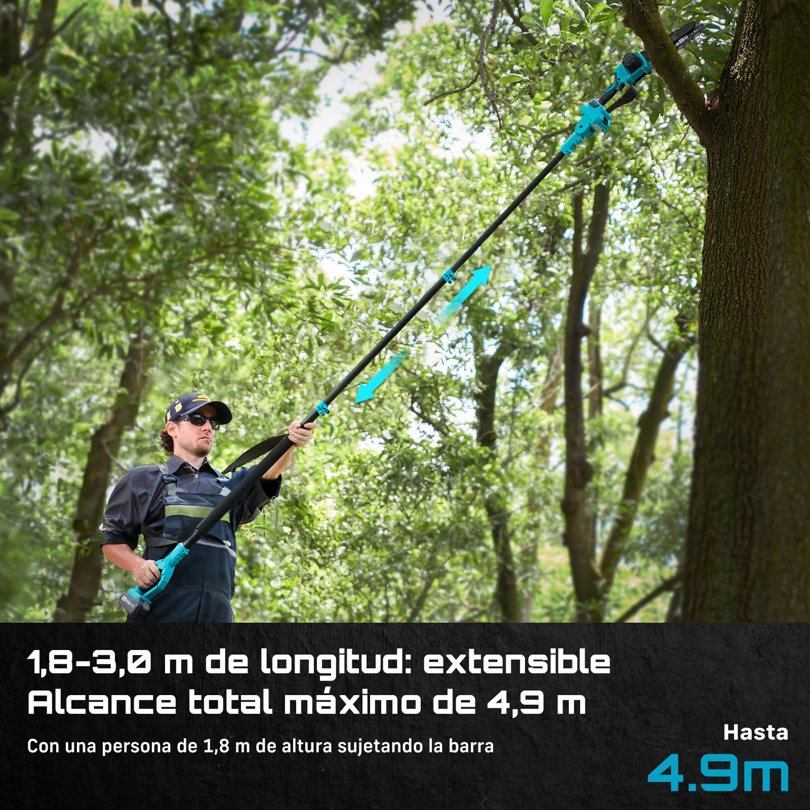 SEESII PS810 Mini Motosierra & Podadora Electrica Bateria, 2 en 1 Sierra de Podar Telescópica con 2 x 4000 mAh Baterías, Hasta 4,87 m de Altura, Podar Arboles para Árboles y Jardin