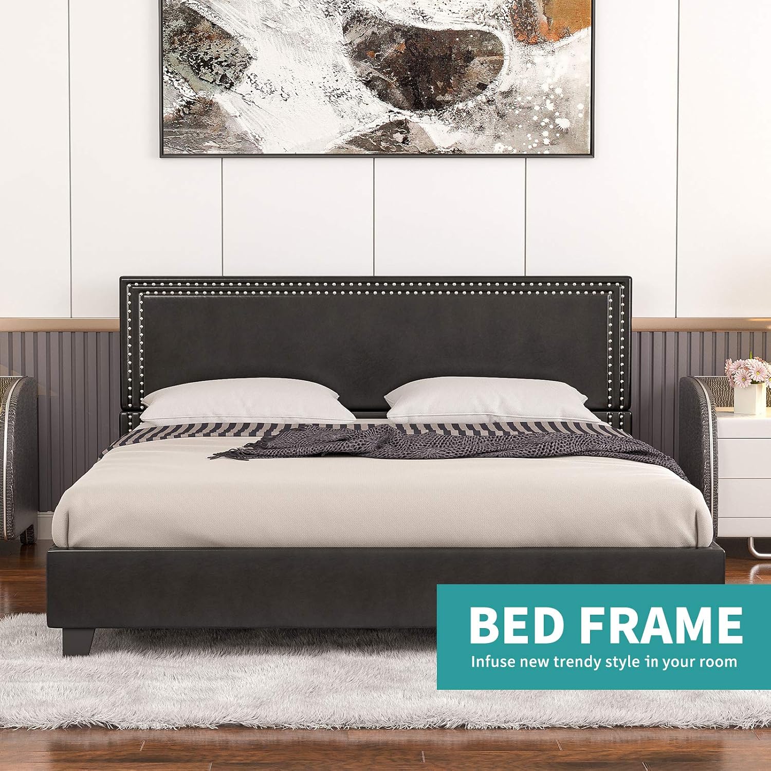 mecor Black Queen Size Bed Frame - Faux Leather Upholstered Panel Bonded Platform Bed with Wood Slats Support - Nailhead Trim Headboard Design - No Box Spring Needed（Black, Queen）